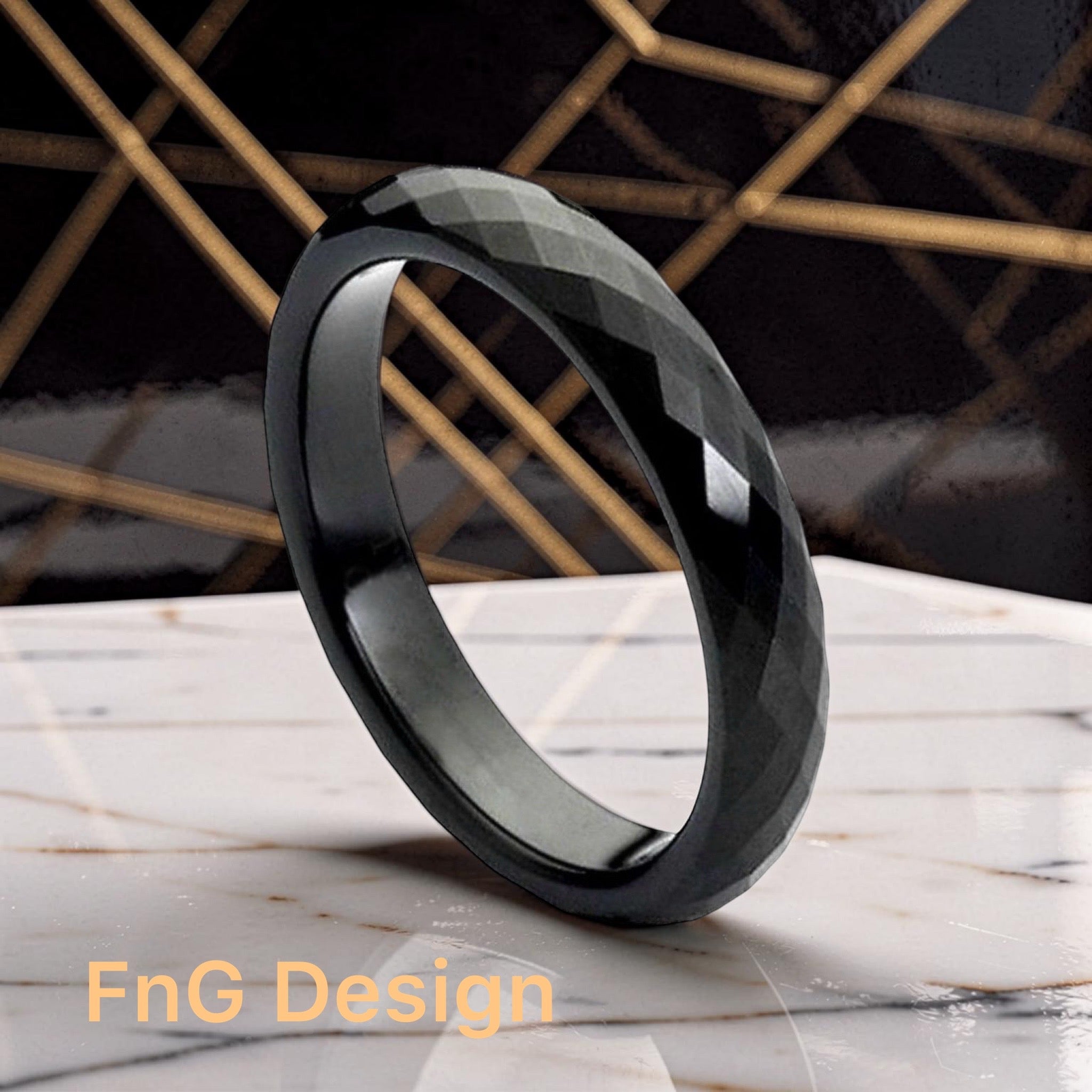Tungsten Ring Black IP Faceted Ring – 4mm