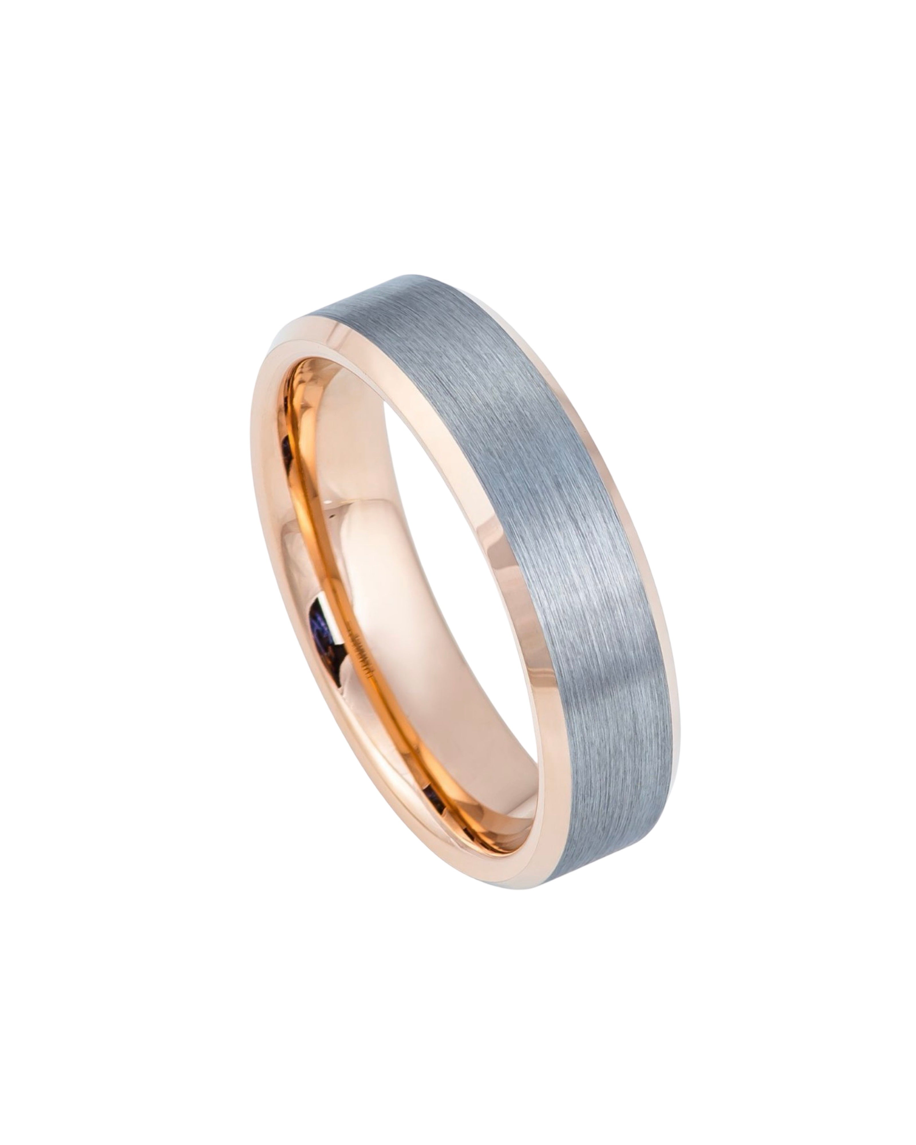 Tungsten Ring Brushed Gun Metal Finish, High Polished Rose Gold Tone IP Plated Beveled Edge Inside – 6mm