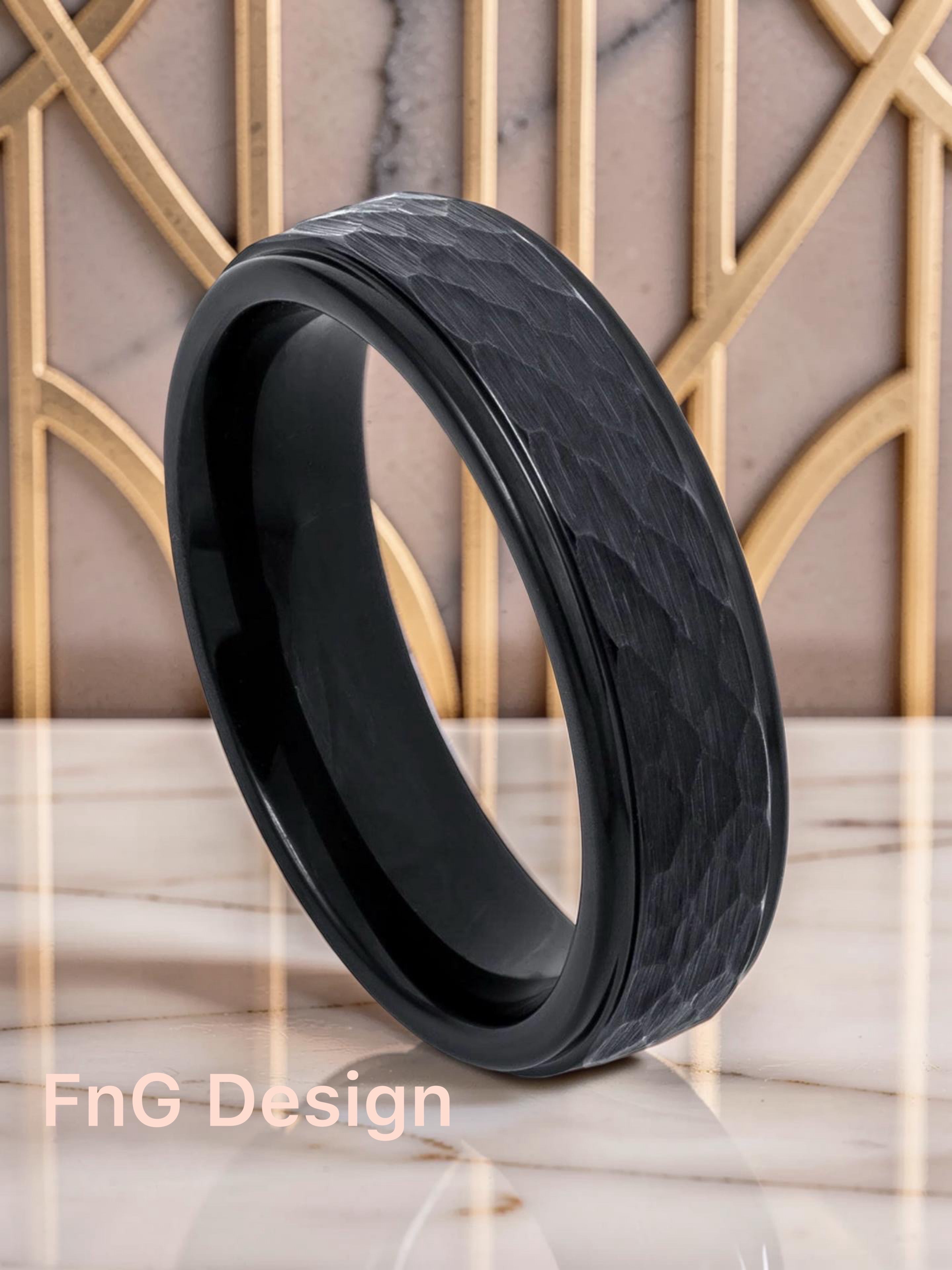 Tungsten Ring Black IP Plated Shiny Grooved Center Brushed Beveled Edge – 6mm