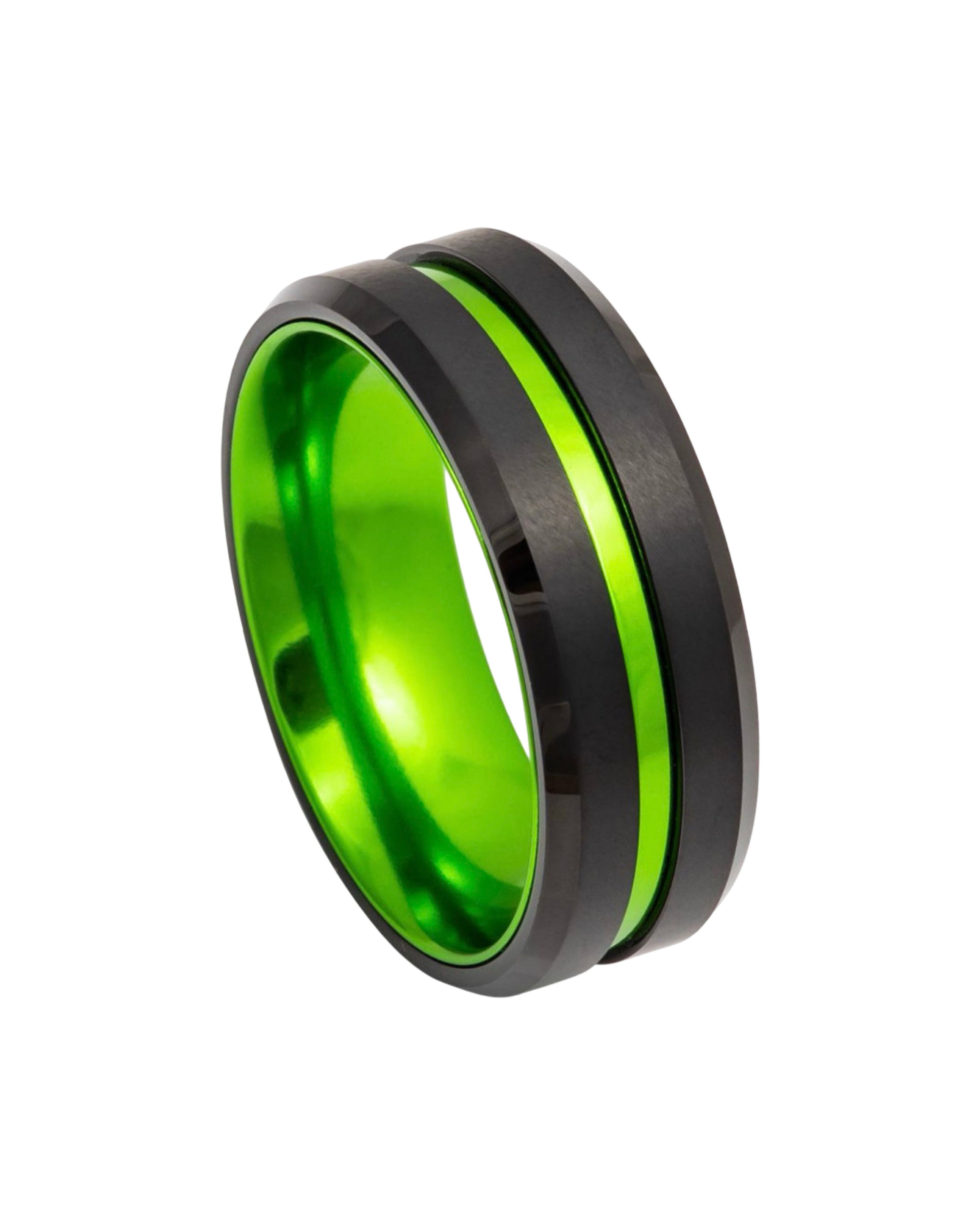 Tungsten Ring Black IP Plated, Grooved Center with Green Anodized Aluminum Sleeve - 8mm