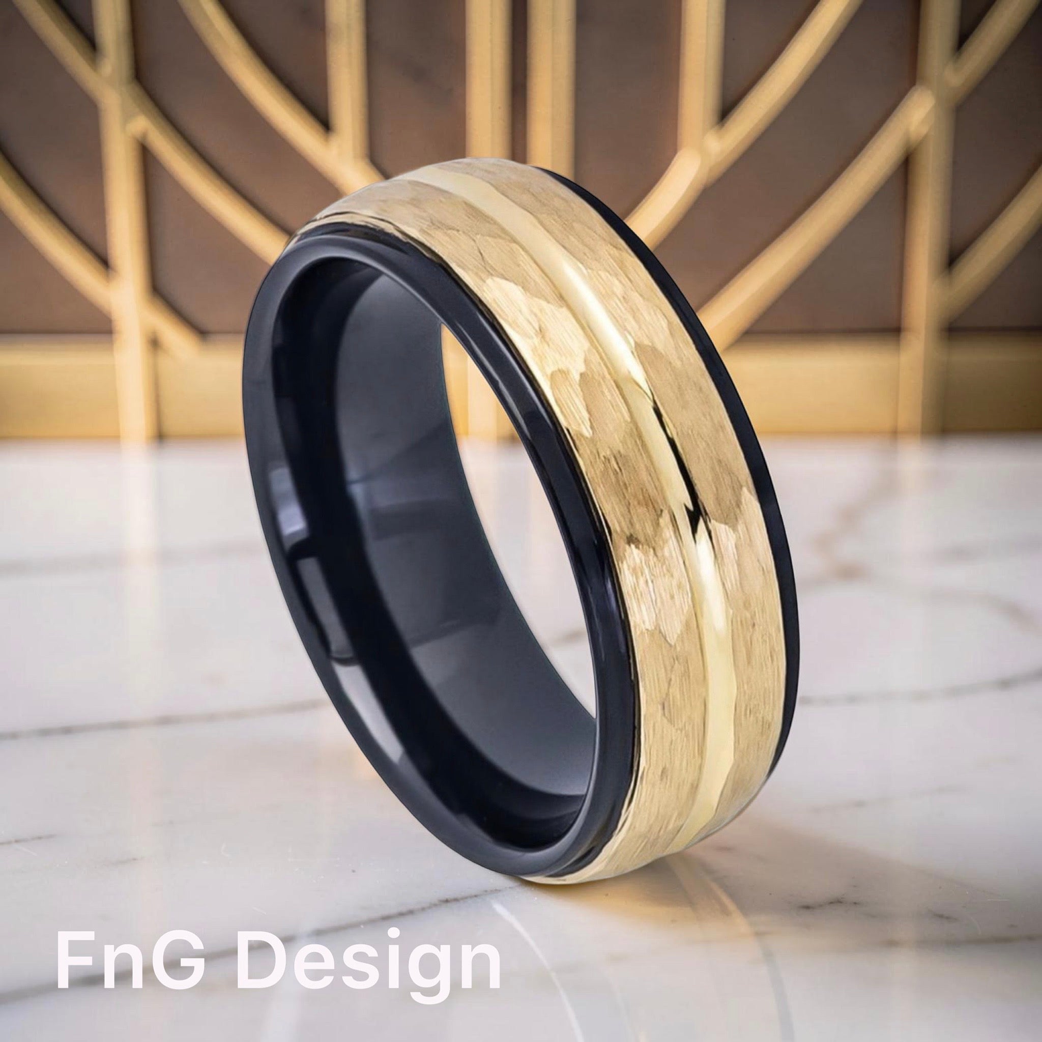 Tungsten Ring Black IP Inside & Yellow Gold IP Hammered Finish with Center Groove Stepped Edge – 8mm