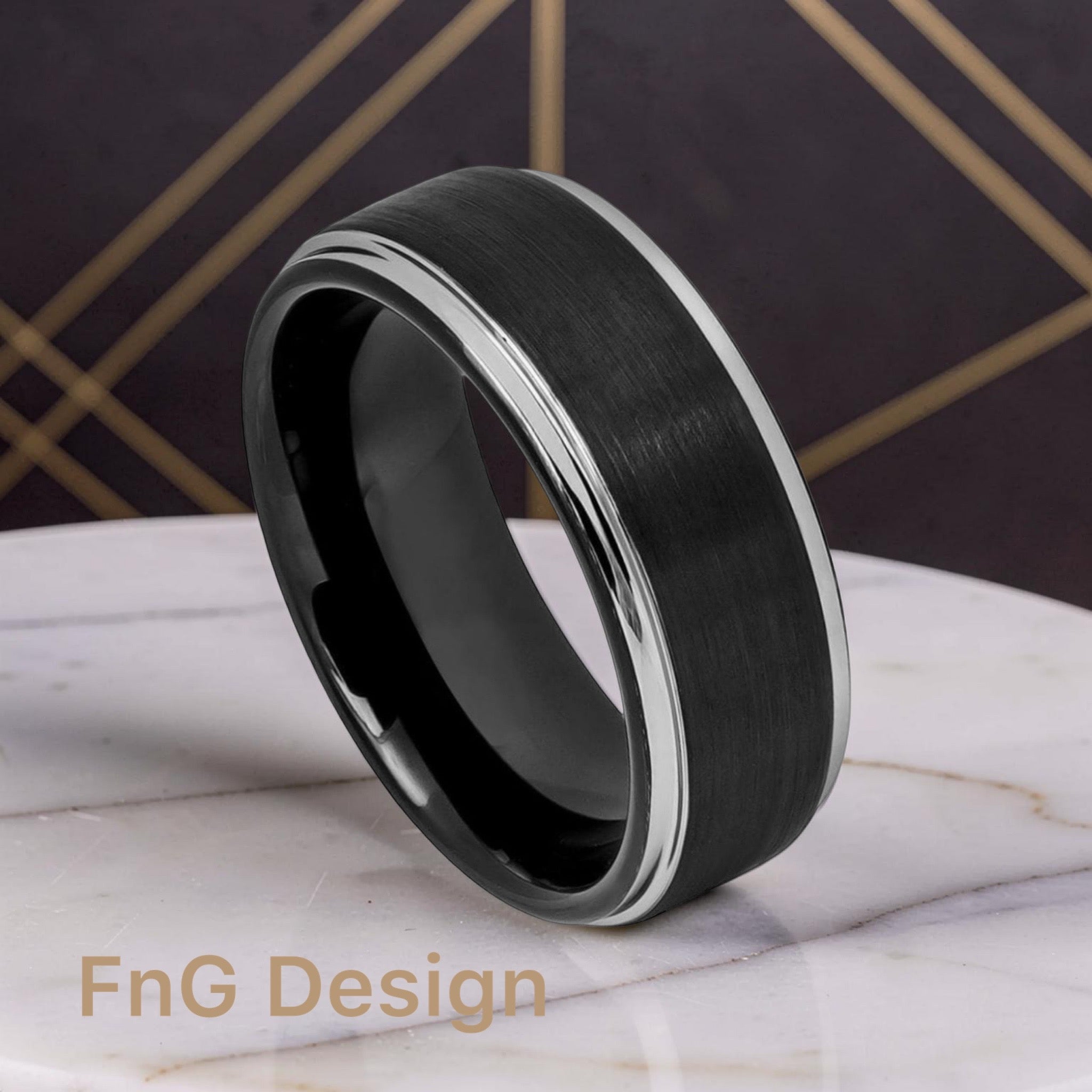 Tungsten Ring Two-tone Black IP Brushed Center Steel Color Stepped Edge – 8mm