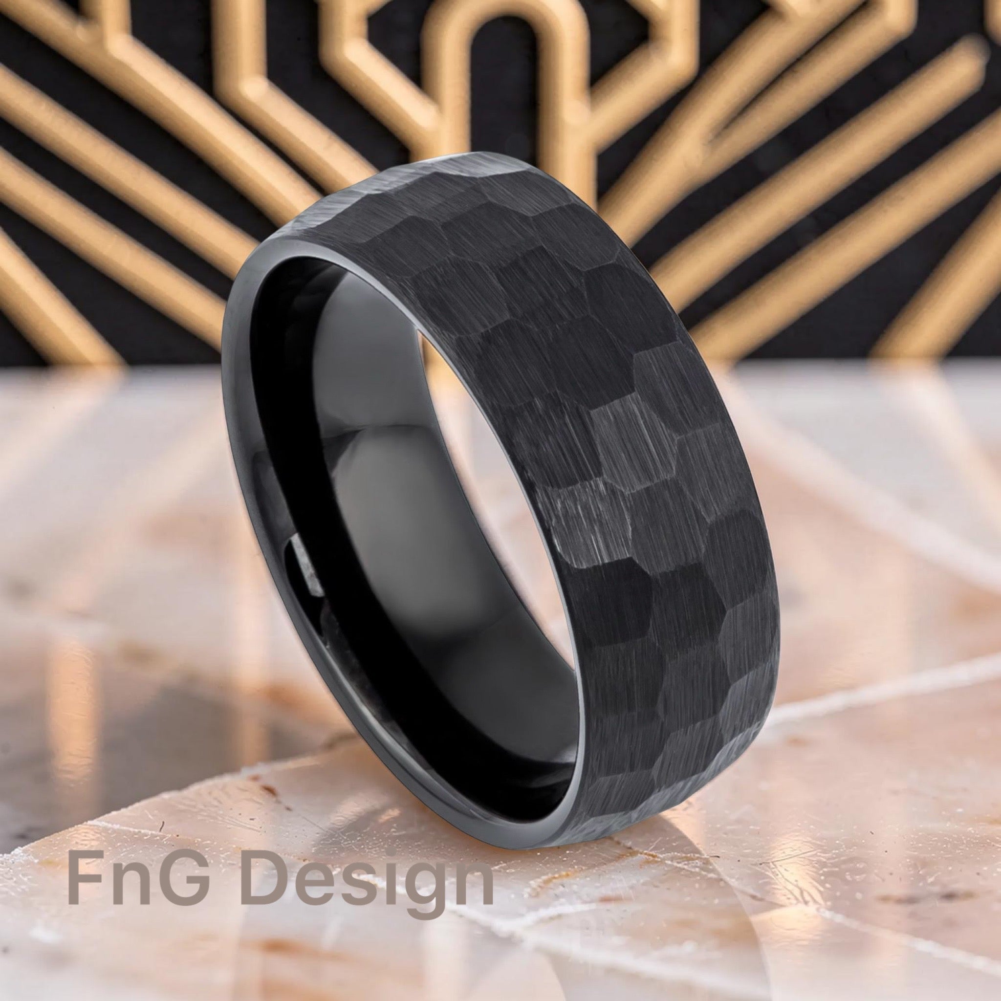 Tungsten Ring Black IP Plated Brushed Chiseled Finish 8mm