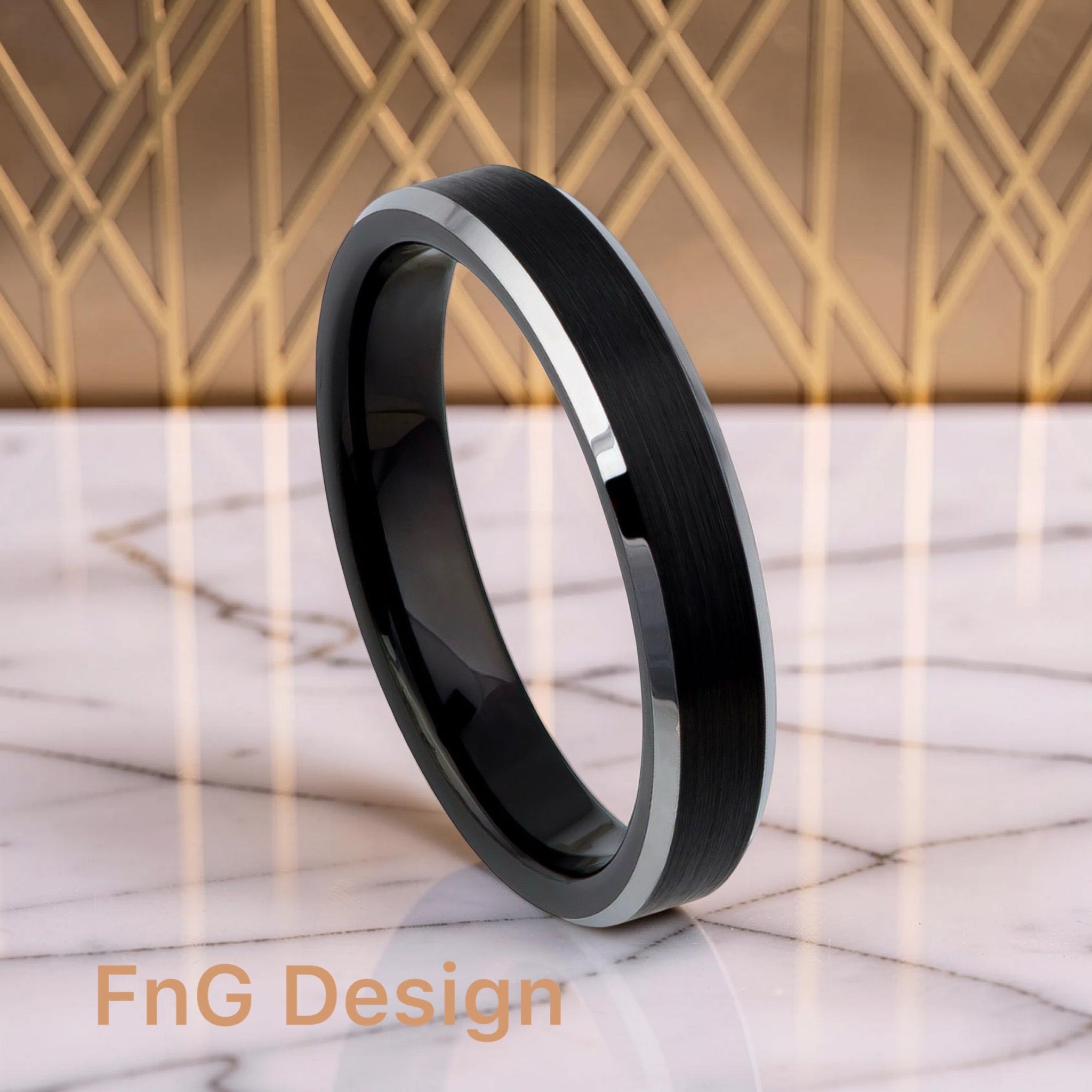 Tungsten Ring Black IP Plated Brushed Center High Polished Steel Color Beveled Edge – 4mm