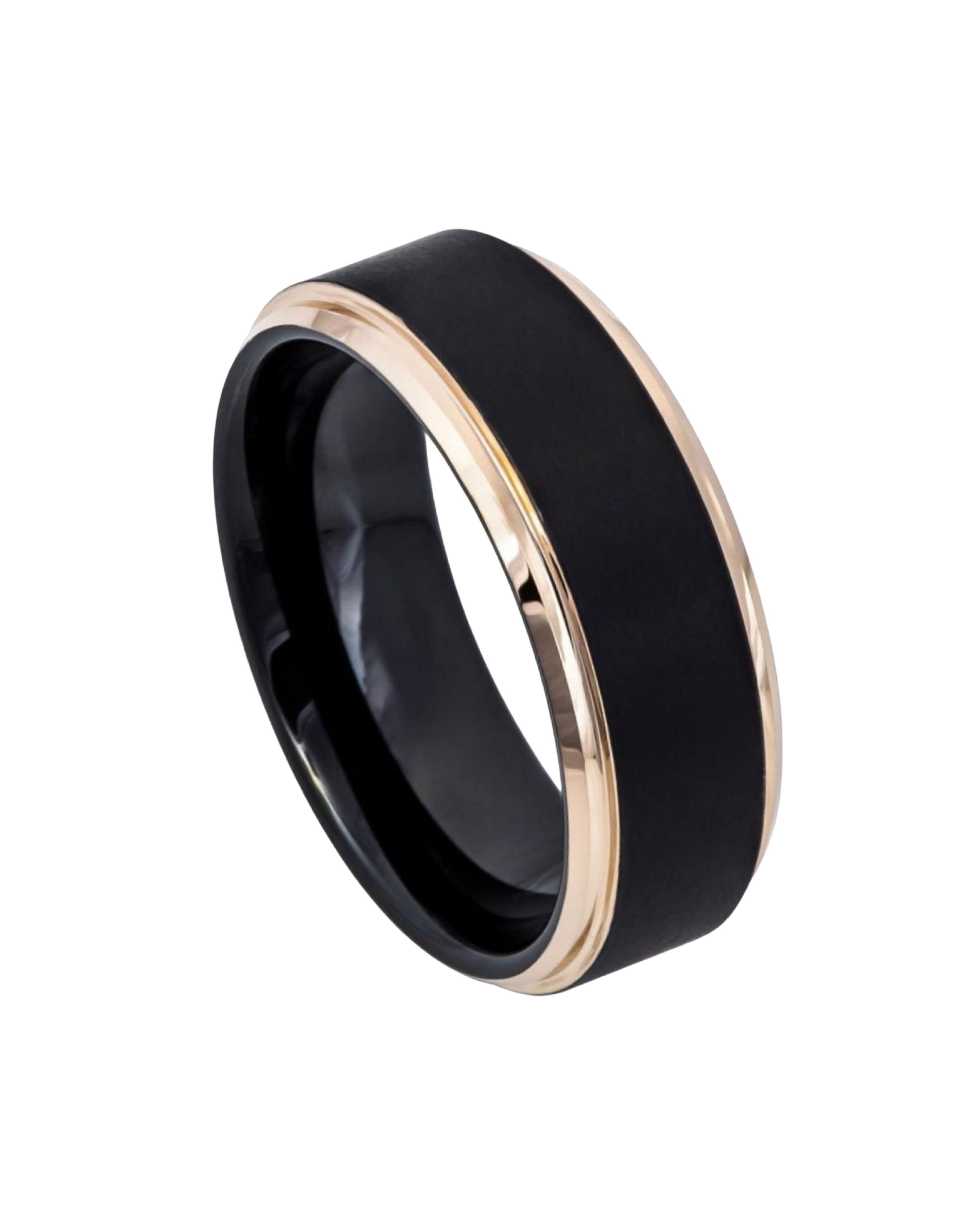 Tungsten Ring Two-Tone Black IP Rose Gold IP Brushed Center Stepped Edge – 8mm