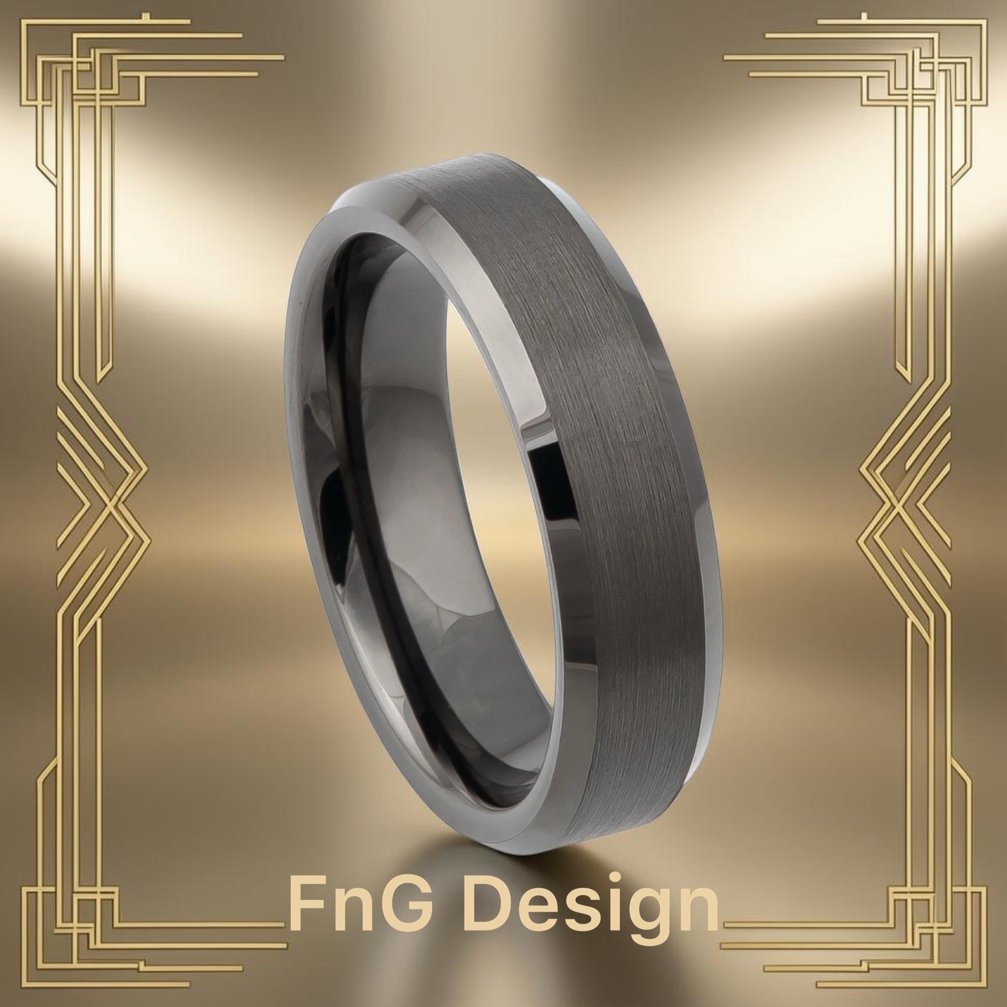 Tungsten Ring Gun Metal IP Plated Brushed Center High Polished Beveled Edge – 6mm