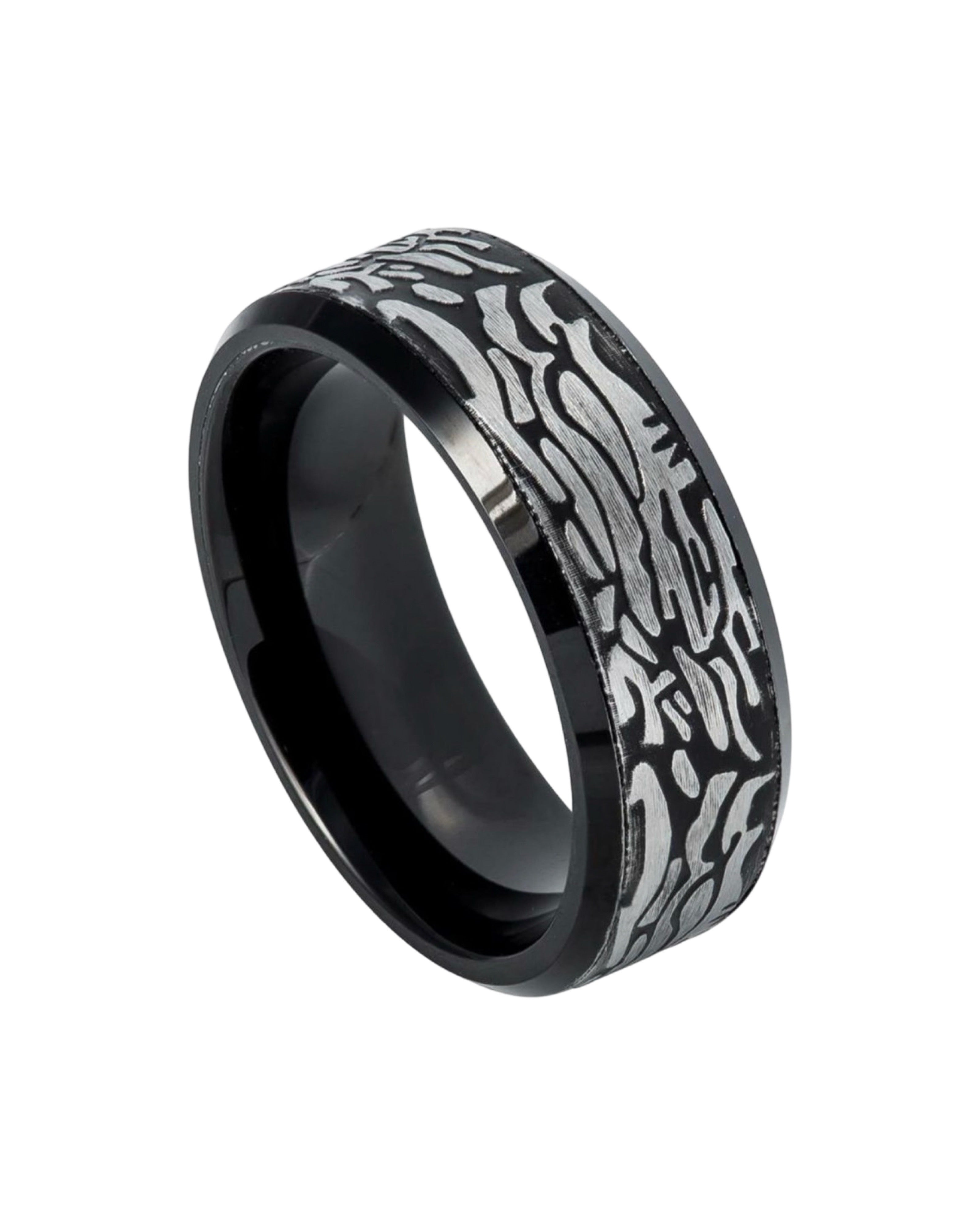 Tungsten Ring Black IP Plated Ring with Laser Carved Rock Art Pattern 8mm