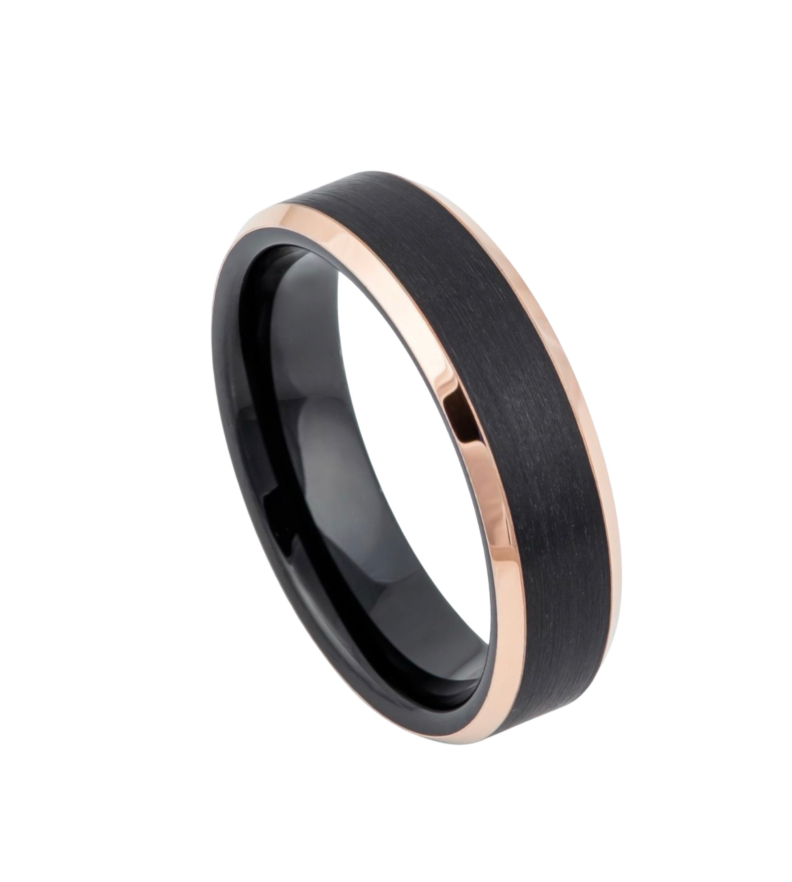 Tungsten Ring Two-Tone Black IP Rose Gold IP Brushed Center Beveled Edge – 6mm