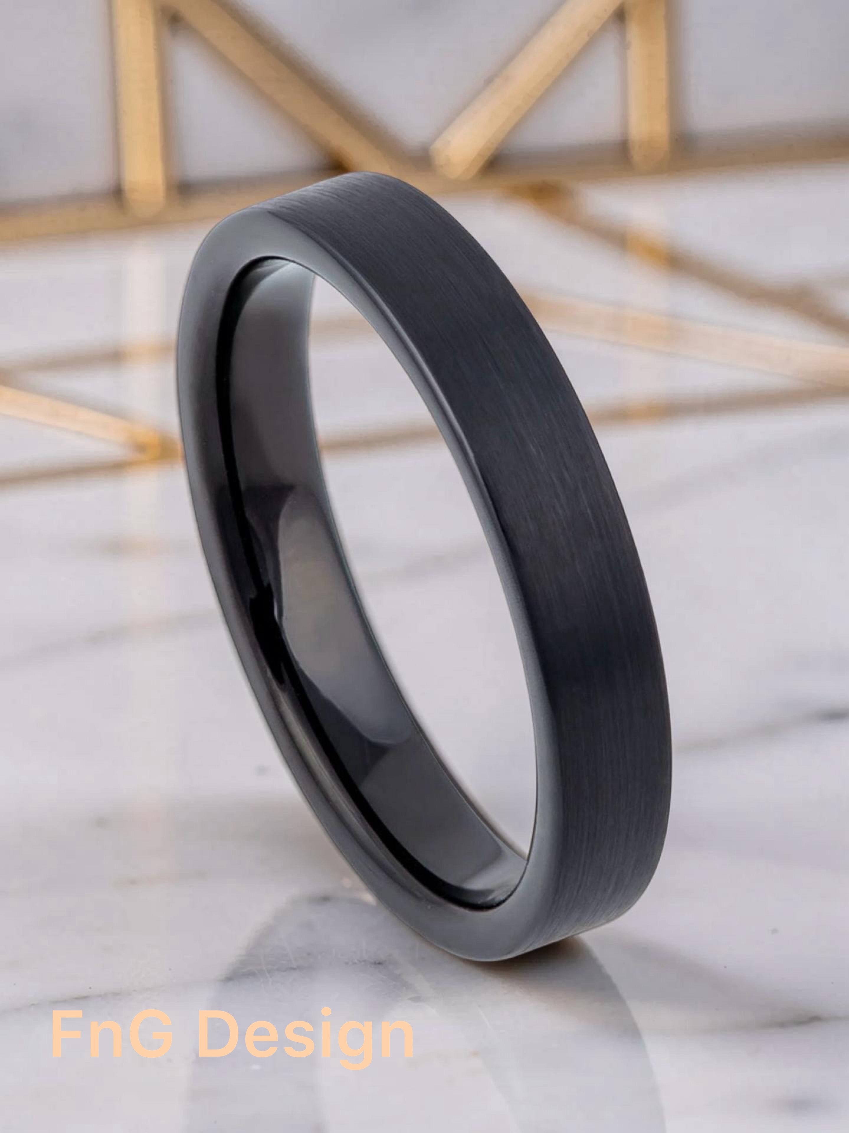 Tungsten Ring Black IP Plated Brushed Pipe Cut Band – 4mm