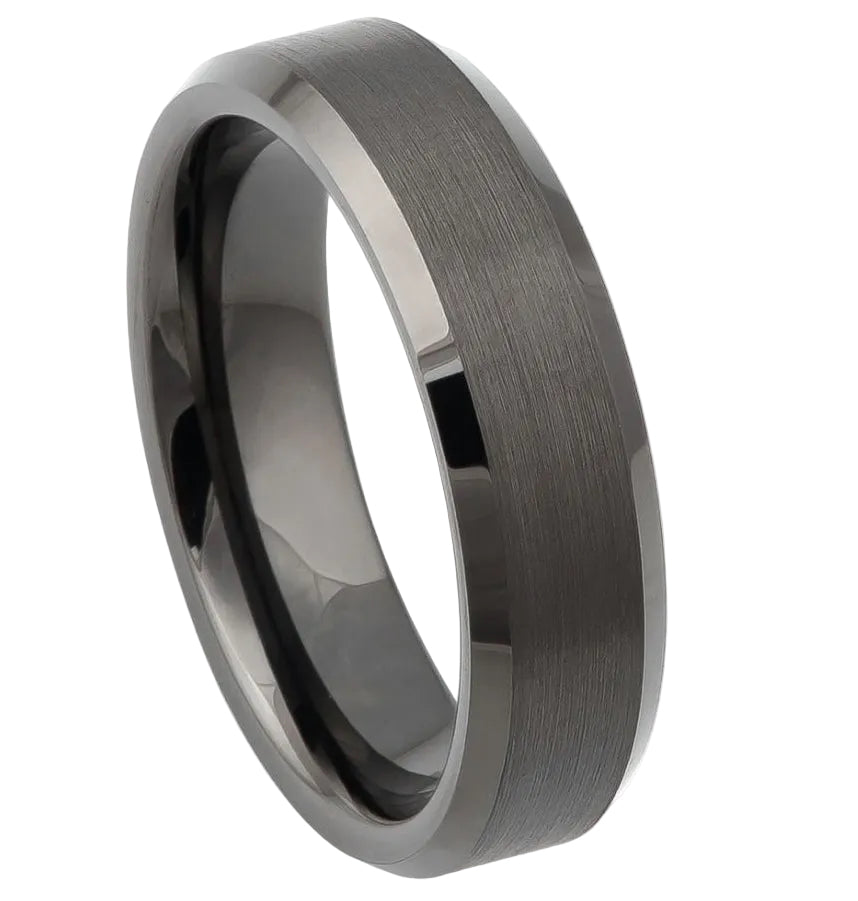 Tungsten Ring Gun Metal IP Plated Brushed Center High Polished Beveled Edge – 6mm