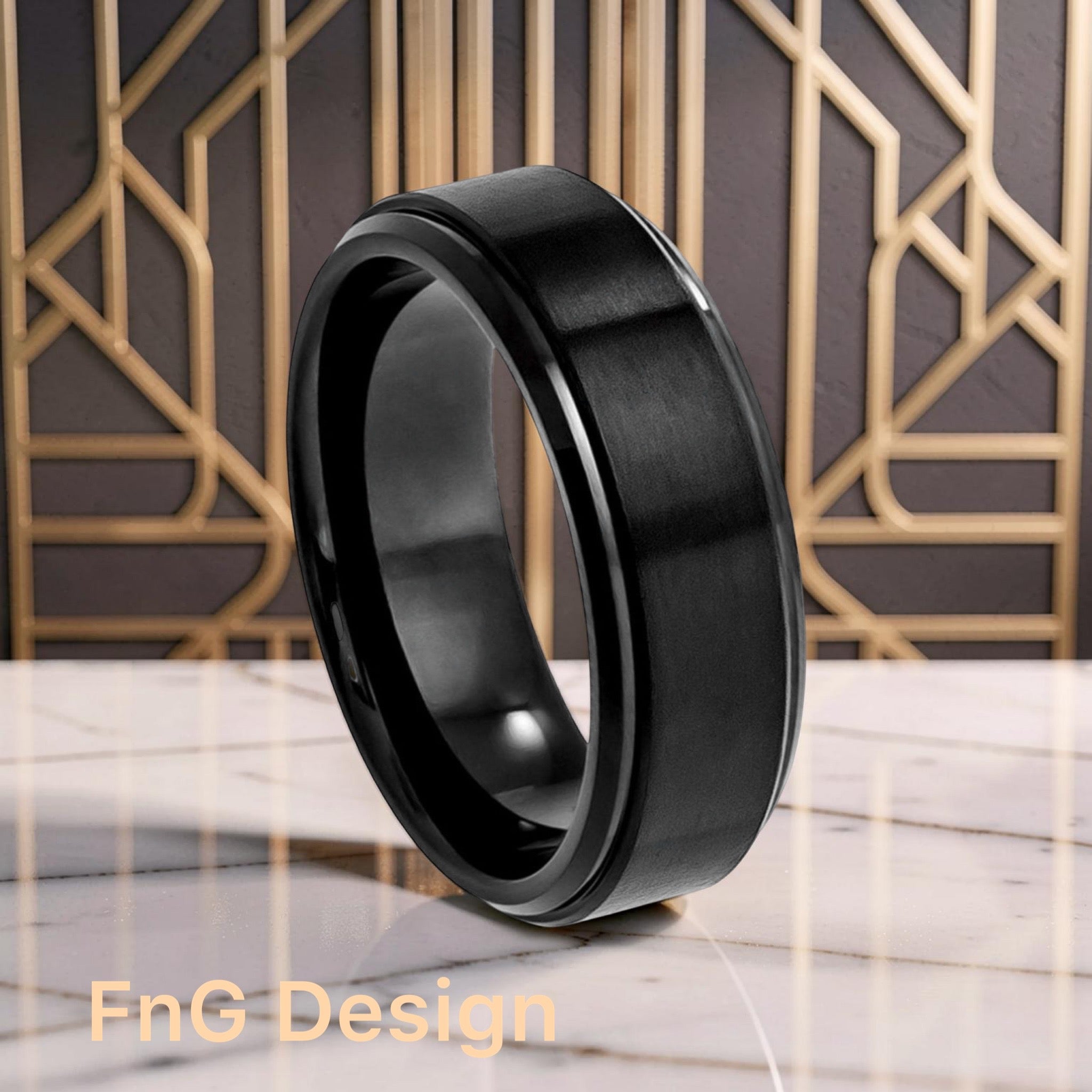 Tungsten Ring Black IP Plated Flat Brushed Center with High Polished Stepped Edge – 8mm