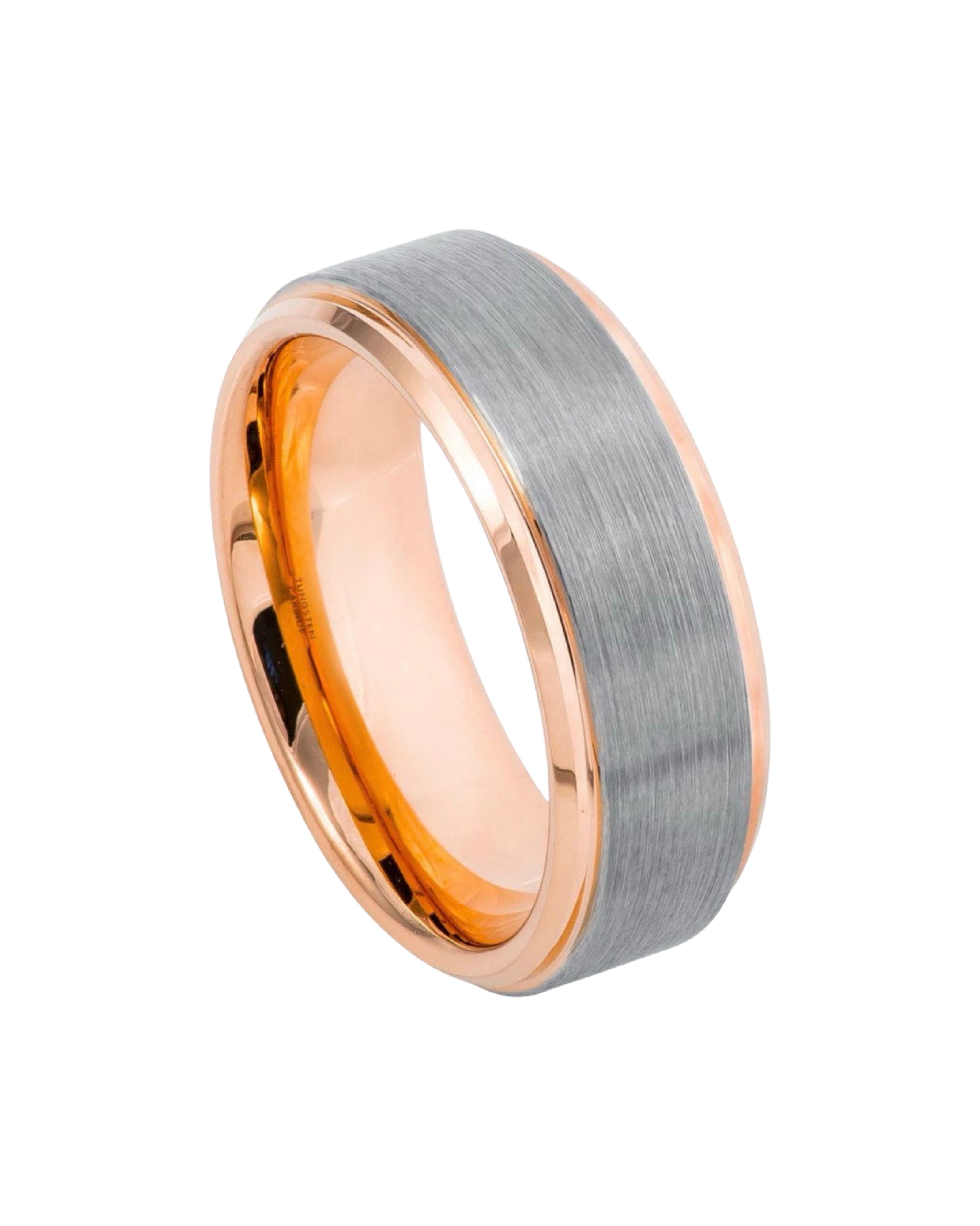 Tungsten Ring Rose Gold IP Plated Inside & Beveled Edge Gun Metal Brushed Finish – 8mm