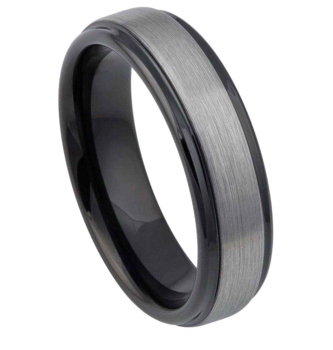 Tungsten Ring Two-tone Black IP Gun Metal Brushed Center Stepped Edge – 6mm