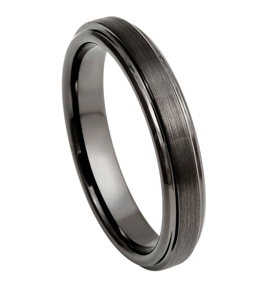 Tungsten Ring Gun Metal IP Plated Brushed Center High Polish Stepped/Beveled Edge 4mm
