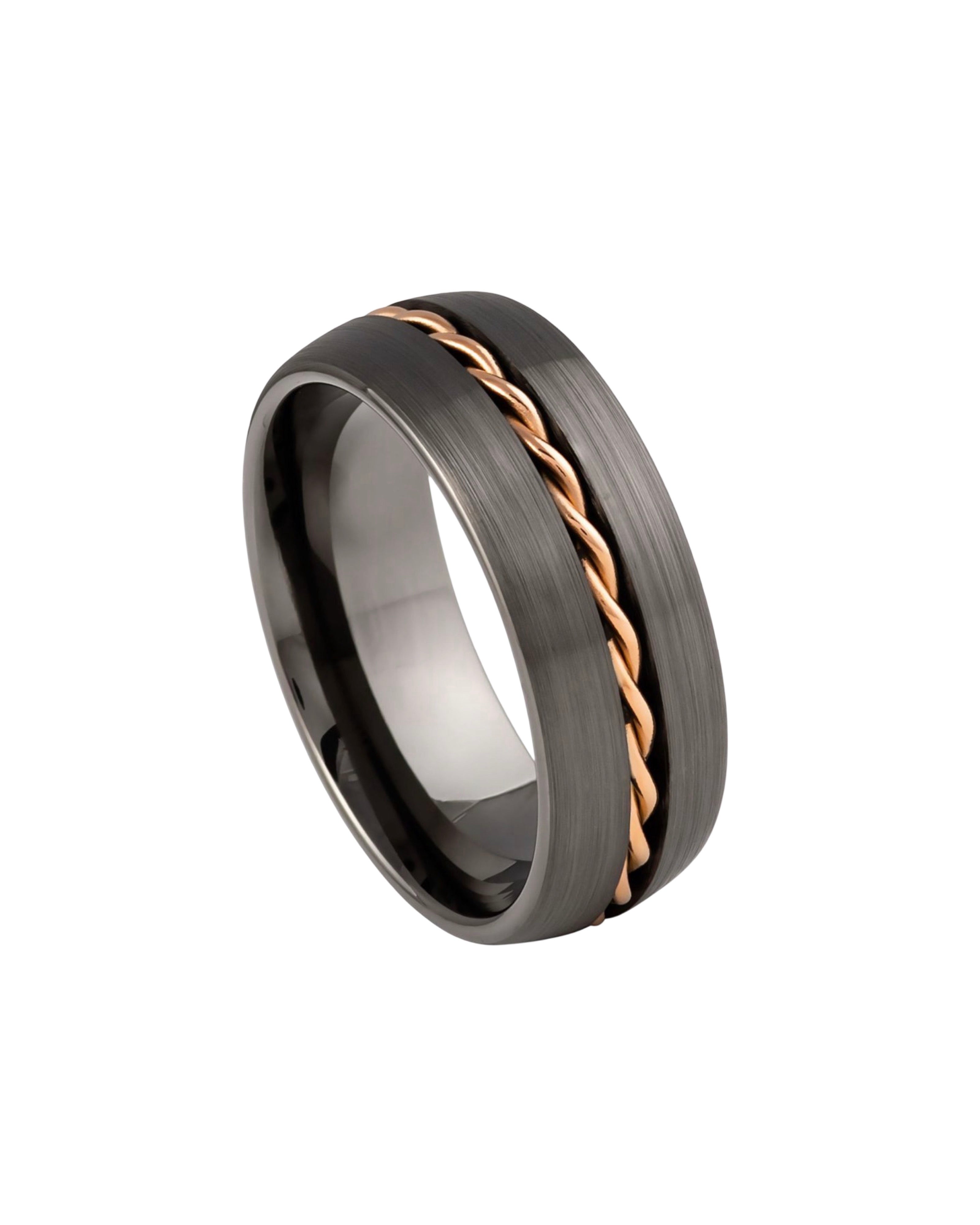 Dome Brushed Gun Metal Color Finished With Rose Gold Rope Inlay – 8mm