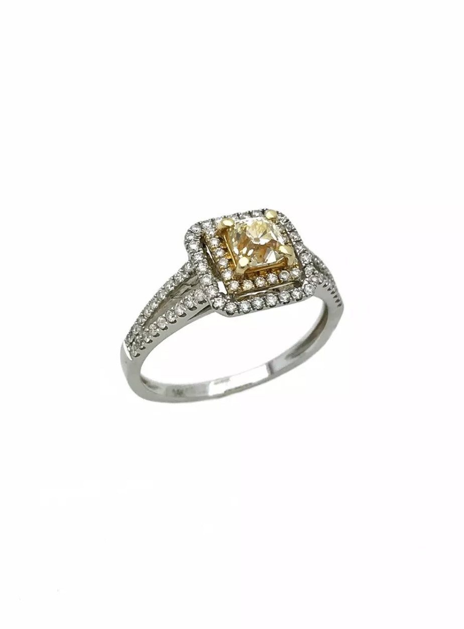 1.10 TCW (Ctr 0.51Ct)Natural Lt. Yellow Dia SI / White Dia 14K Wh/Yel Gold Ring