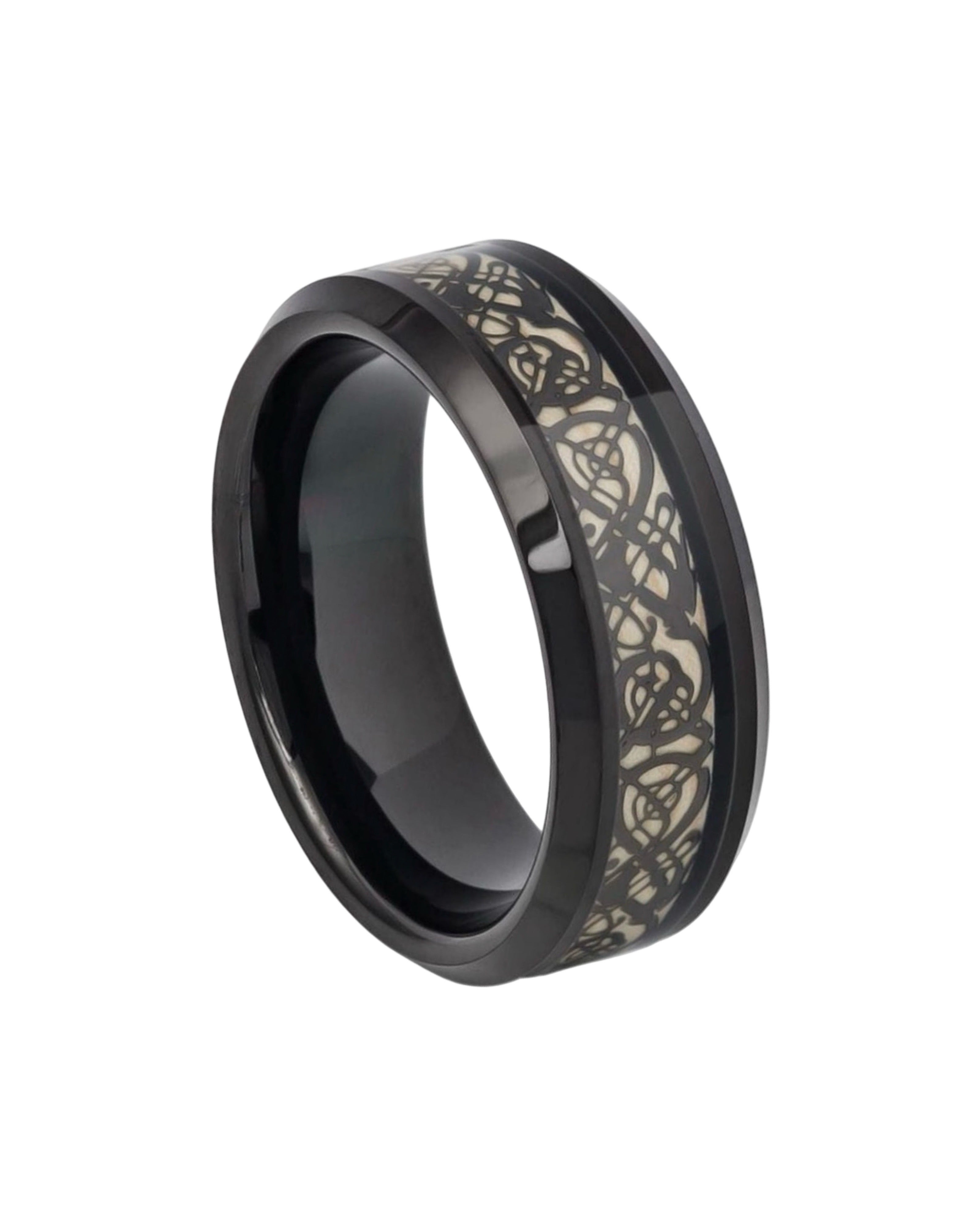 Tungsten Ring Black IP Celtic Cut-Out Design Inlay – 8mm