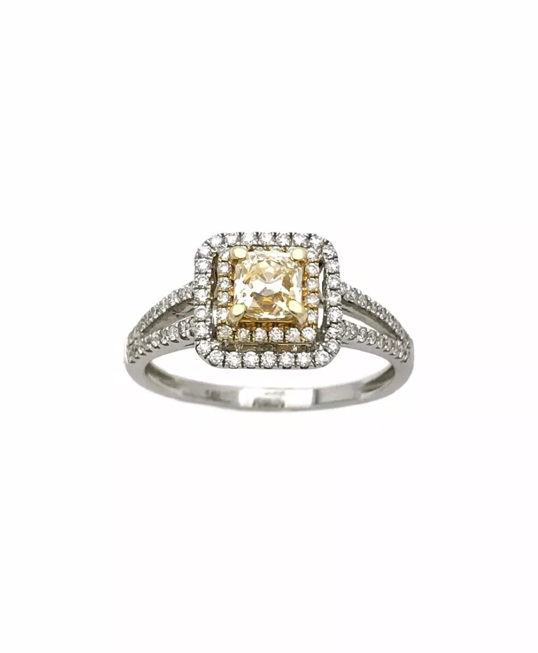 1.10 TCW (Ctr 0.51Ct)Natural Lt. Yellow Dia SI / White Dia 14K Wh/Yel Gold Ring