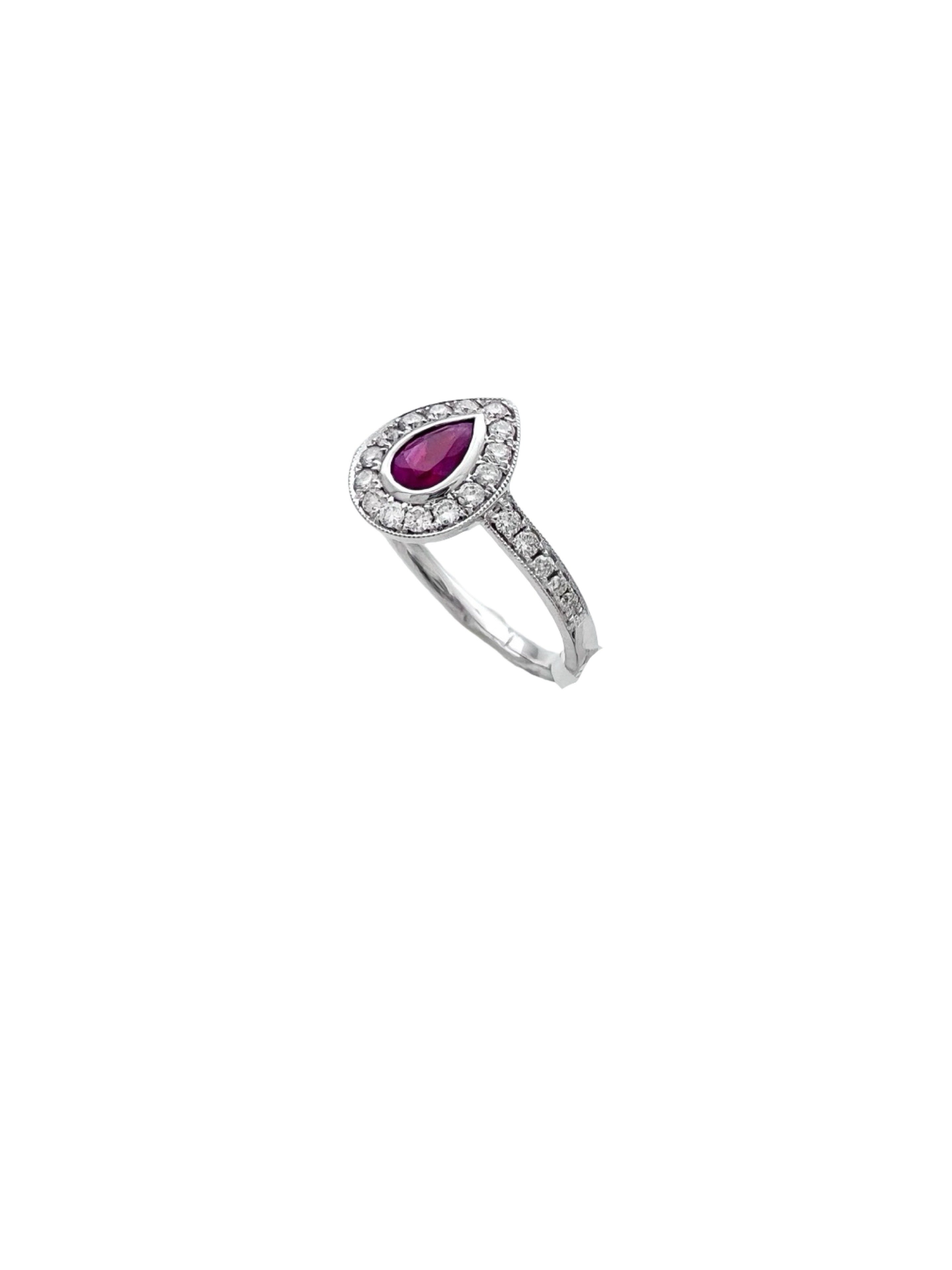 0.26 Carats Diamond VS2 & 0.39 Carats Red Ruby Pear Shape Set In 14 Karat White Gold Ring