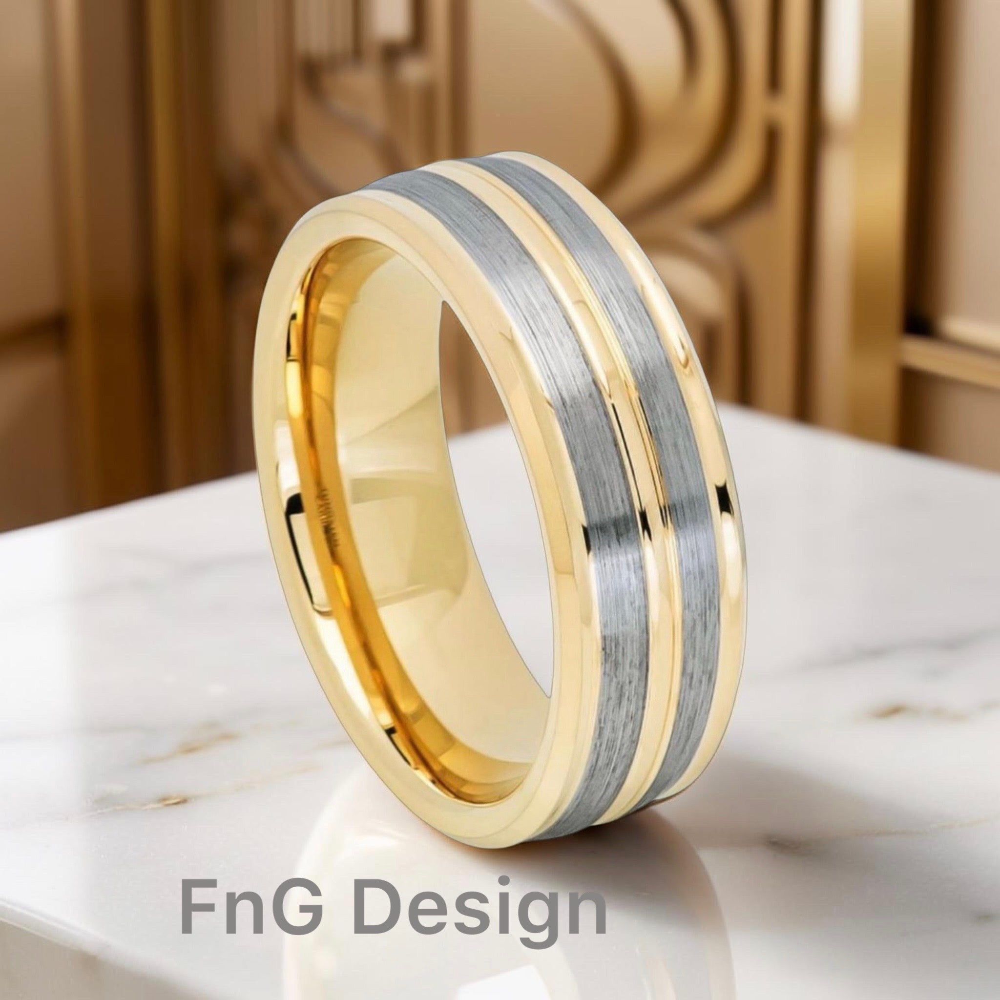 Tungsten Ring Yellow Gold IP Plated Pinstripe Gun Metal Finish Low Beveled Edge – 8mm