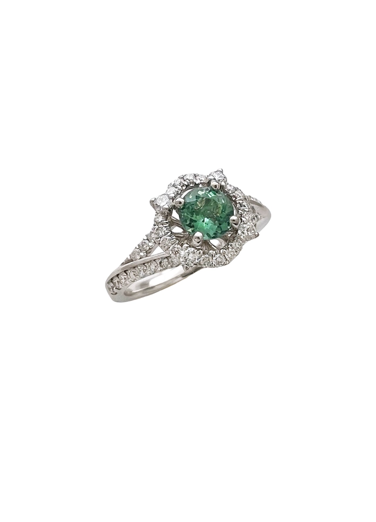 0.57 Carats Alexandrite Bluish-Green Color Change GIA (Certified) & 0.92 Carats Diamond VS2 Set In 14K White Gold Ring