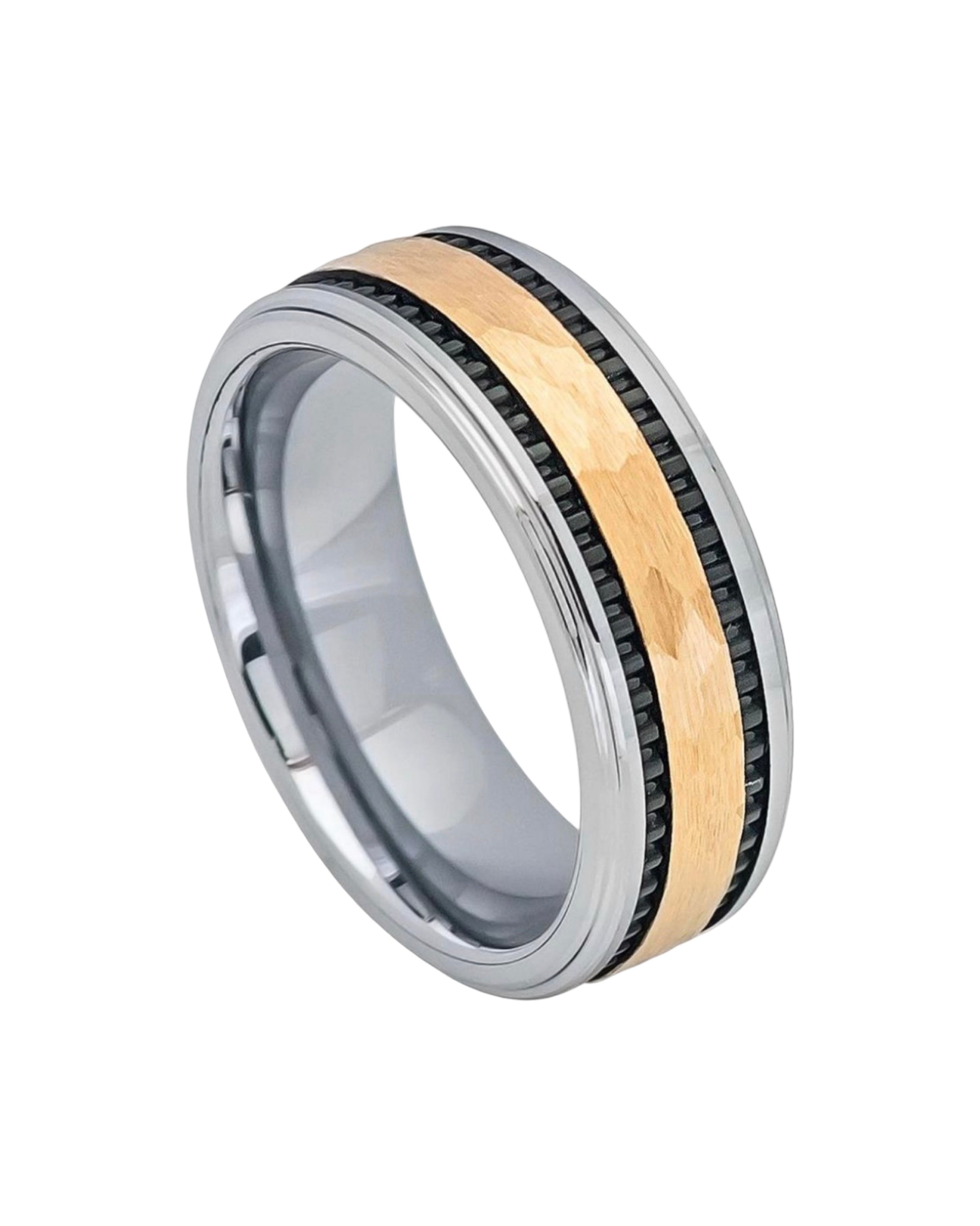 Tungsten Ring Yellow Gold IP Hammered Center with Black IP Plated Stripes on the side – 8mm