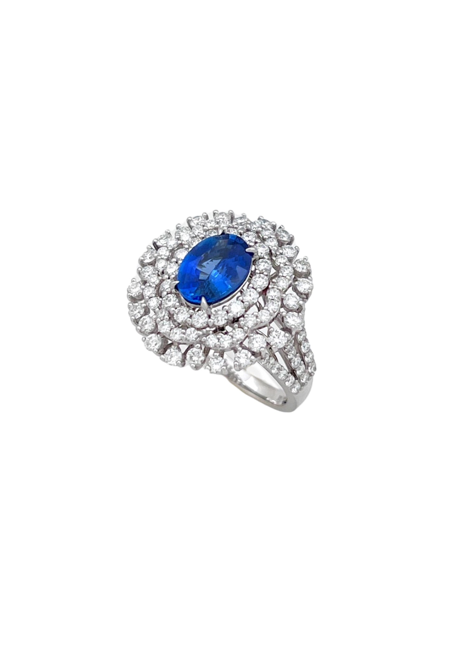 1.710Cts Sapphire Ceylon Certified (Med Dark Blue) 1.58Cts Diamonds 14K White Gold Ring