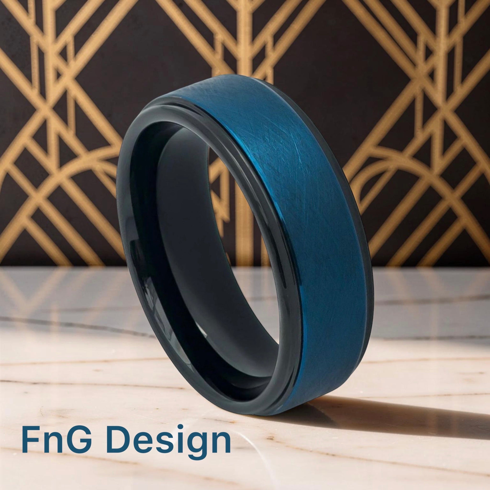 Tungsten Ring Blue Tone IP Plated Wire Brushed Finished Center High Polished Stepped Edge – 8mm