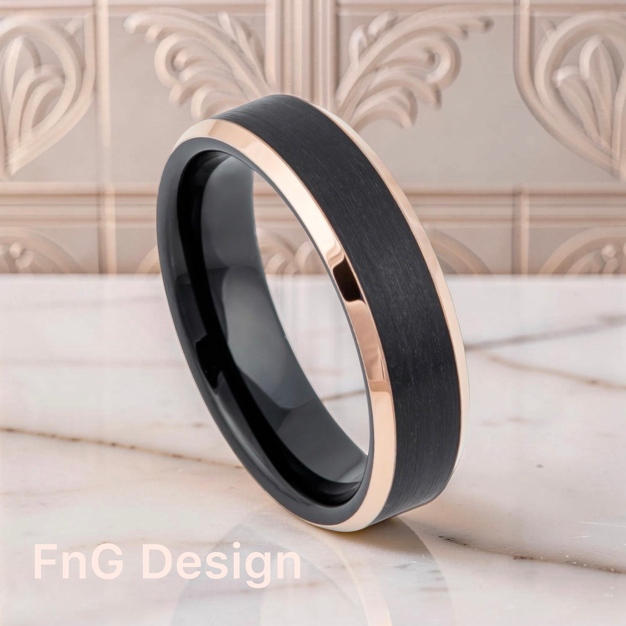 Tungsten Ring Two-Tone Black IP Rose Gold IP Brushed Center Beveled Edge – 6mm