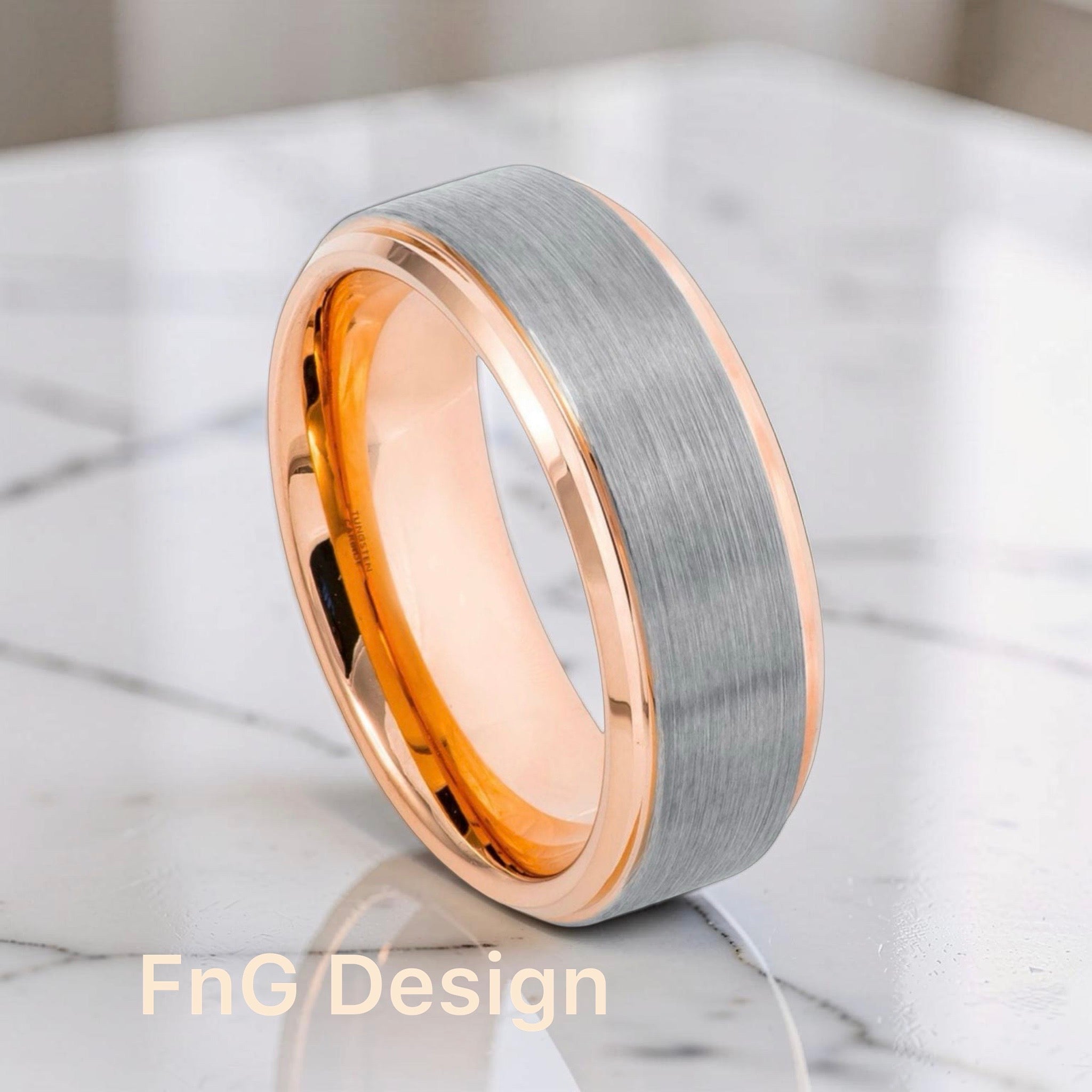 Tungsten Ring Rose Gold IP Plated Inside & Beveled Edge Gun Metal Brushed Finish – 8mm