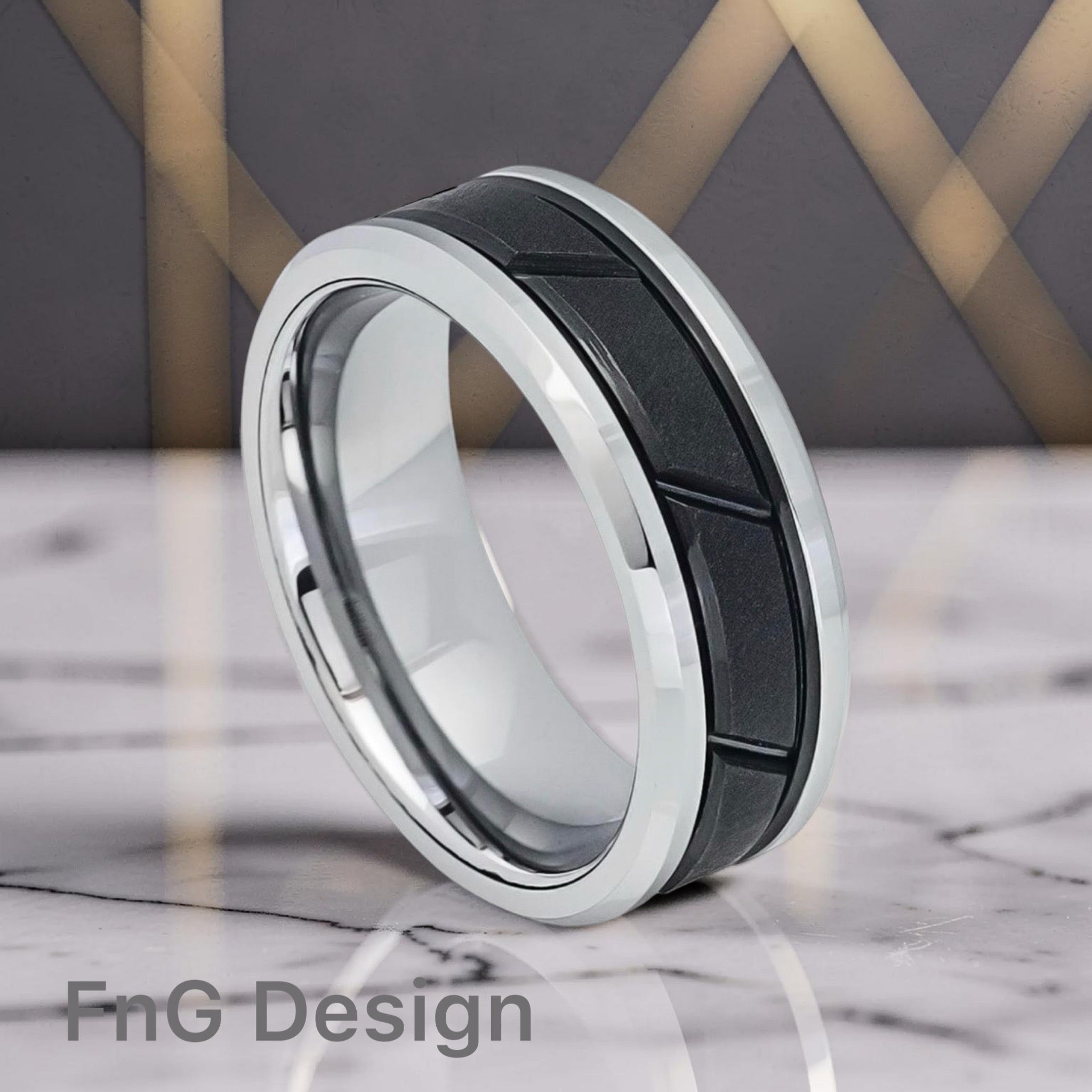 Tungsten Ring Two-tone Black IP Center with Diagonal Grooves – 8mm