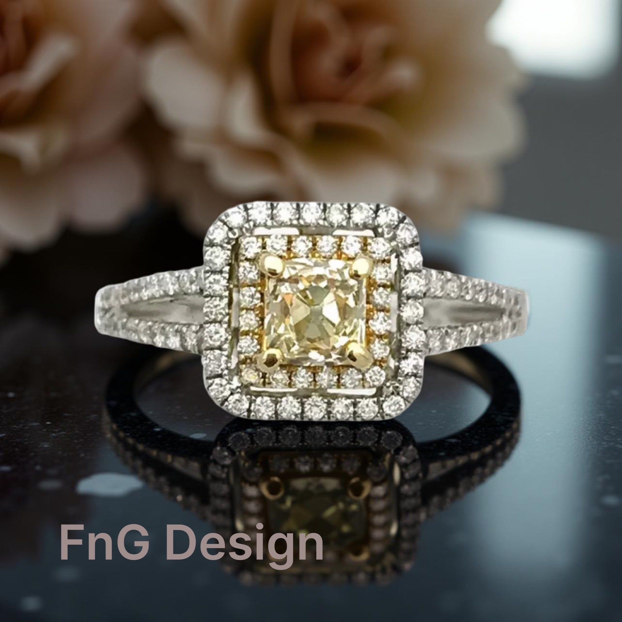 1.10 TCW (Ctr 0.51Ct)Natural Lt. Yellow Dia SI / White Dia 14K Wh/Yel Gold Ring