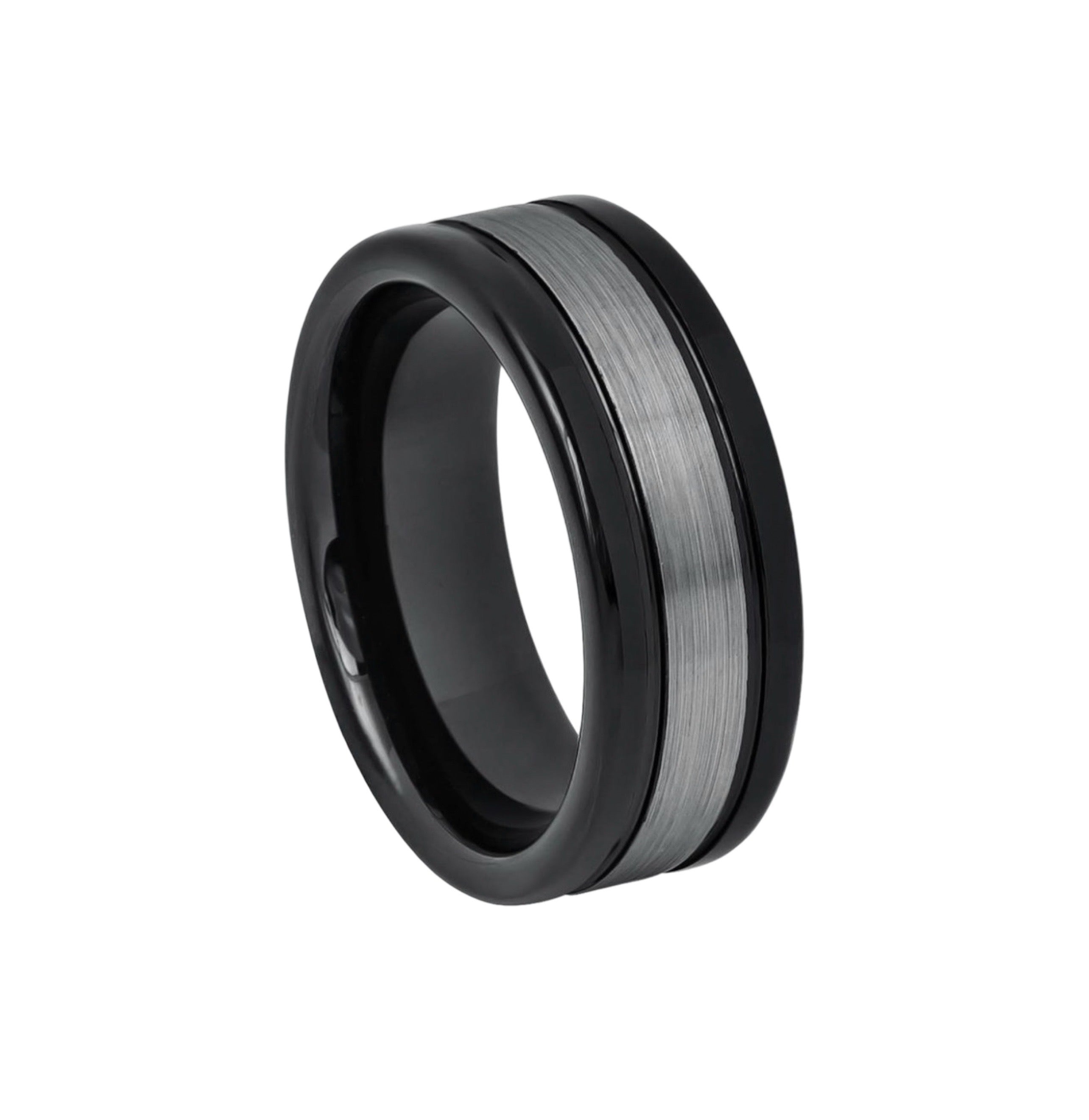 Tungsten Ring High Polished Shiny Black IP Plated Sides Dark Gray Brushed Center – 8mm