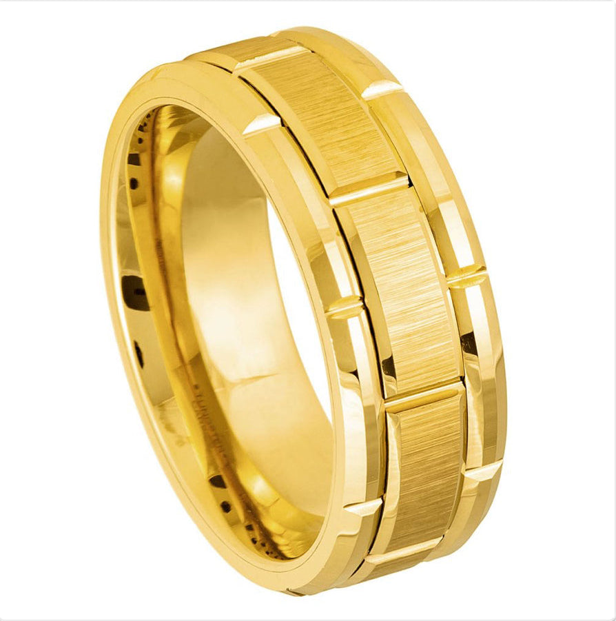 Gold Tungsten Carbide 8mm ion Plating Brick Grooved (Center Brush) hi-Polished Smooth Edge