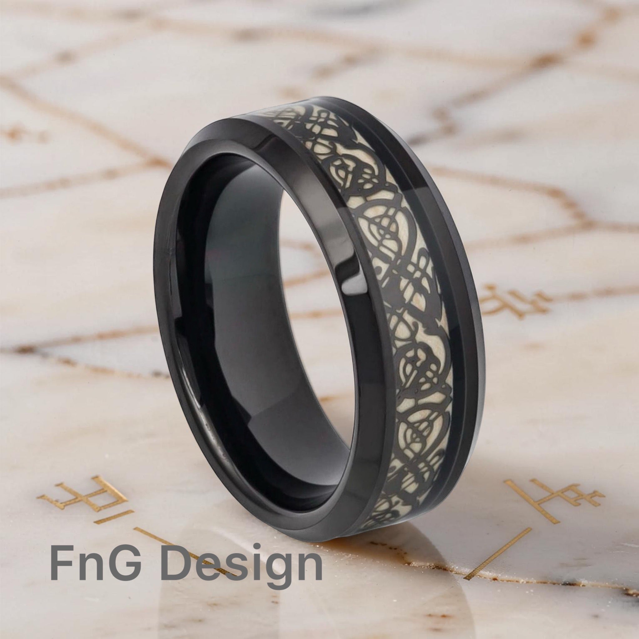 Tungsten Ring Black IP Celtic Cut-Out Design Inlay – 8mm