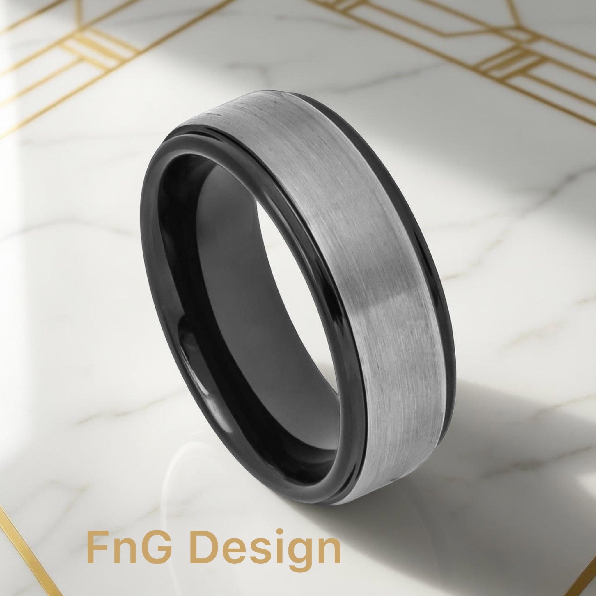 Tungsten Ring Two-tone Black IP Gun Metal Brushed Center Stepped Edge – 8mm