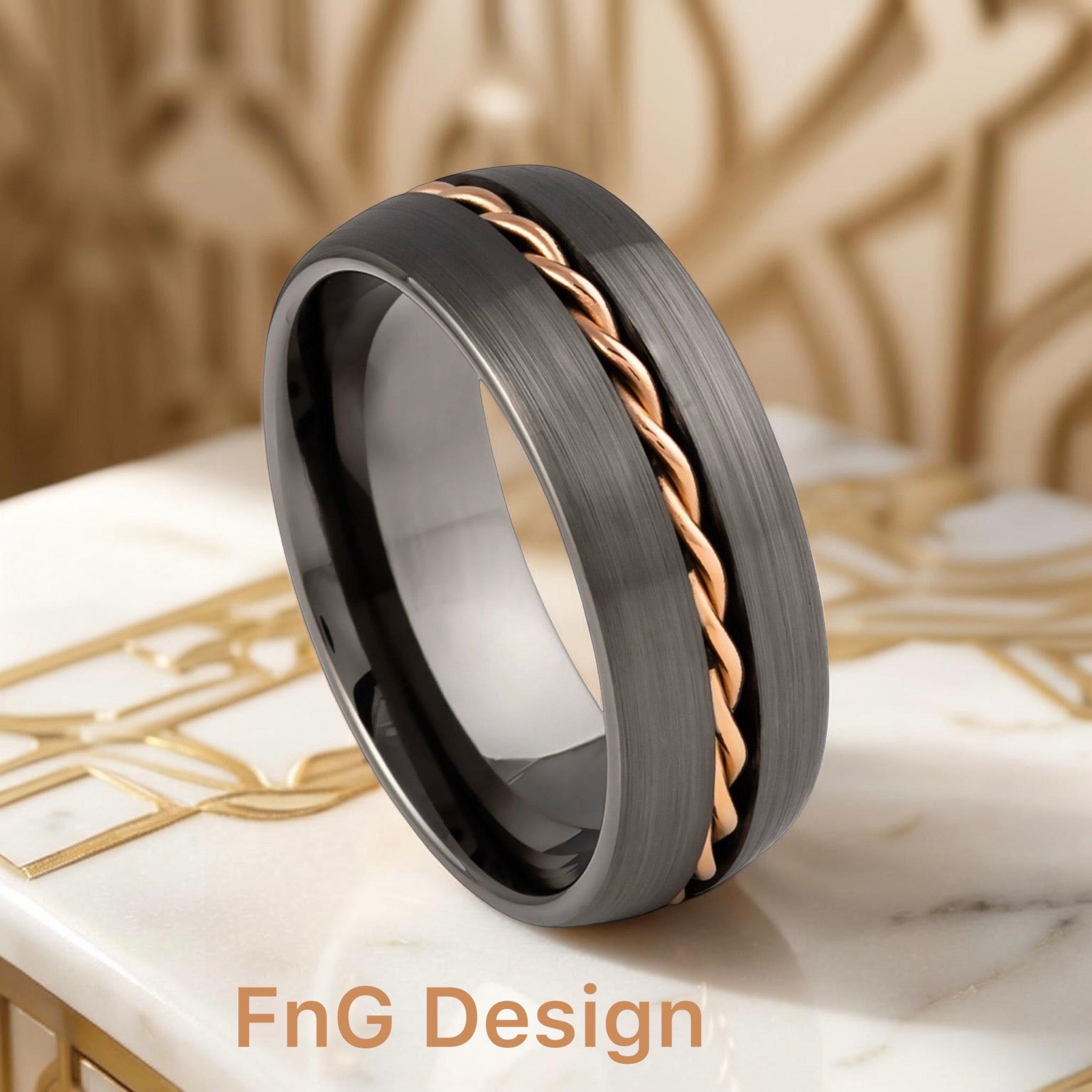 Dome Brushed Gun Metal Color Finished With Rose Gold Rope Inlay – 8mm