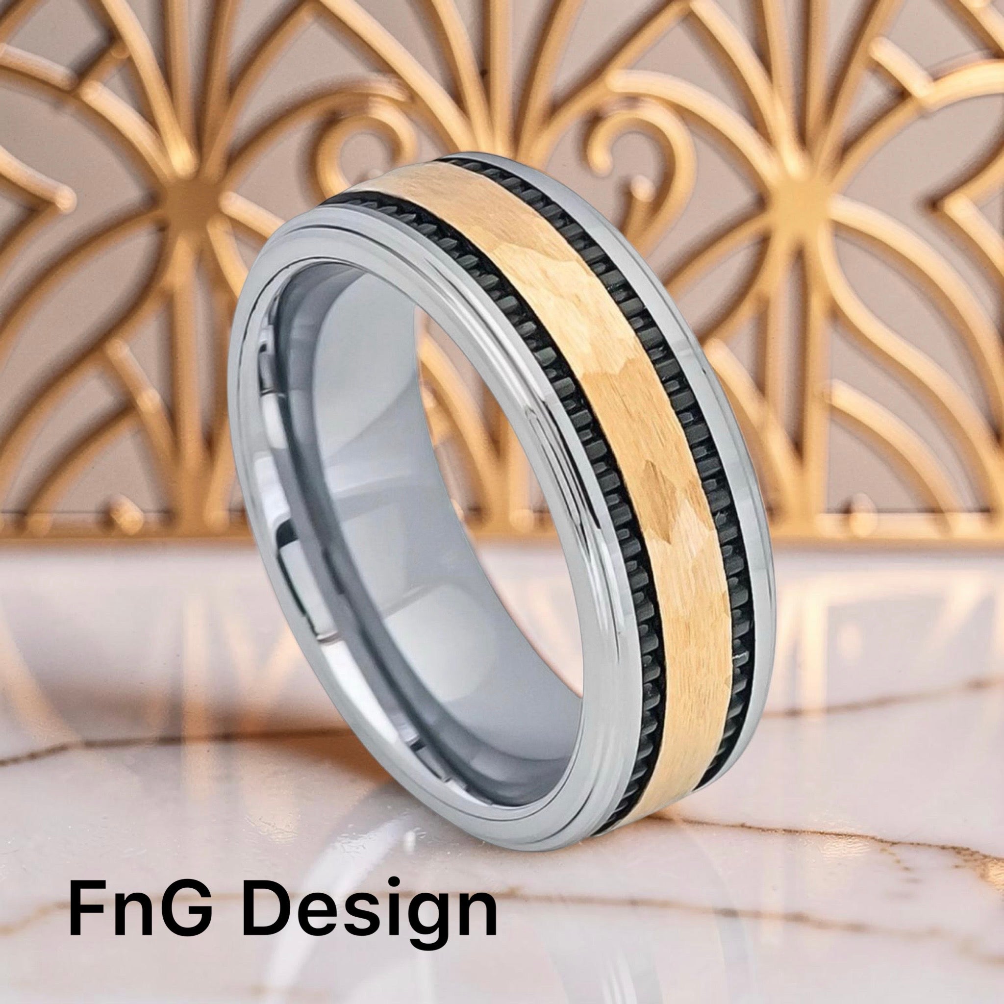 Tungsten Ring Yellow Gold IP Hammered Center with Black IP Plated Stripes on the side – 8mm