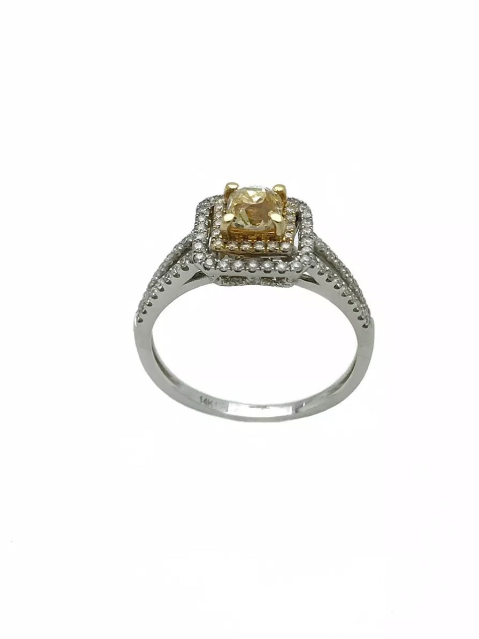 1.10 TCW (Ctr 0.51Ct)Natural Lt. Yellow Dia SI / White Dia 14K Wh/Yel Gold Ring