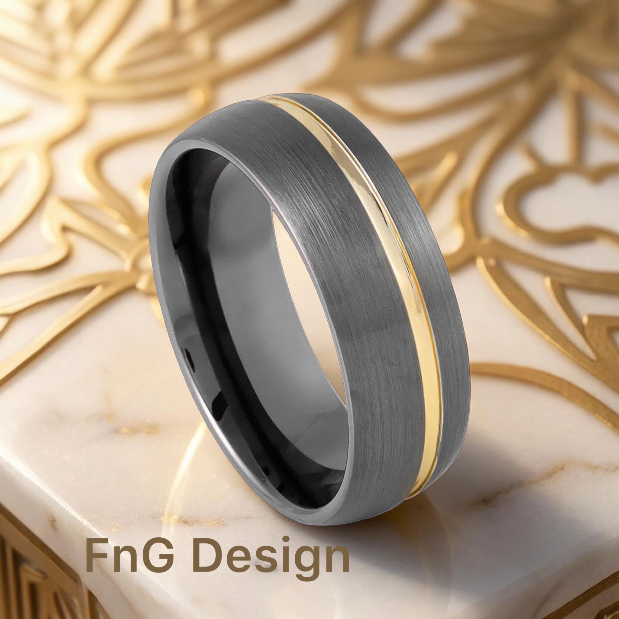 Gun Metal IP Plated Brushed Domed with Off Center Yellow IP Strip- 8mm