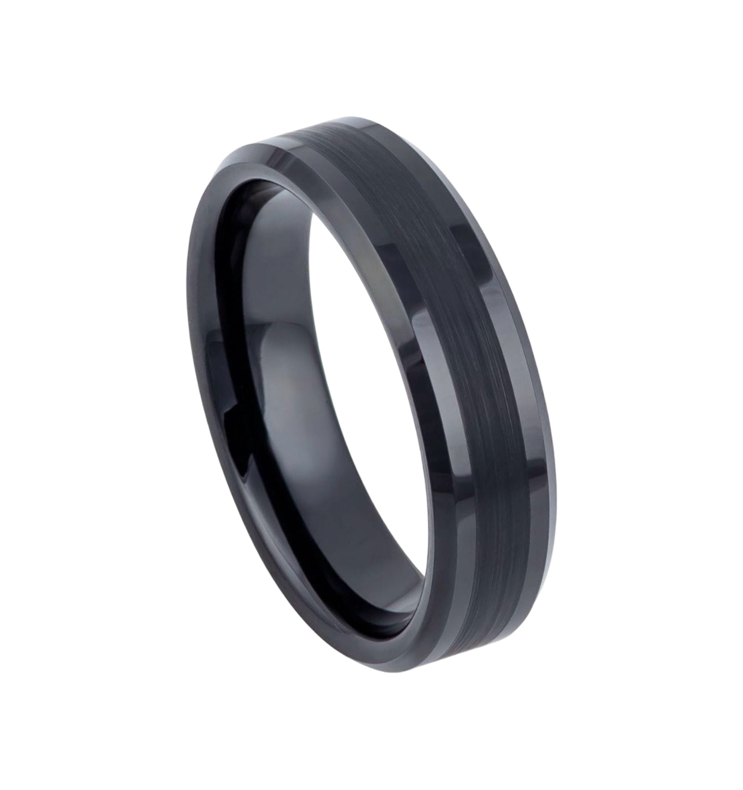 Tungsten Ring Black IP Plated Brushed Center Shiny Lines on each side Beveled Edge – 6mm