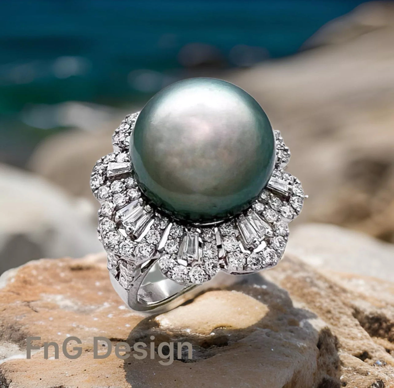 14.2MM Tahitian Pearl (Certificated) & 2.04 Cts Diamonds Set In 18K White Gold Ring