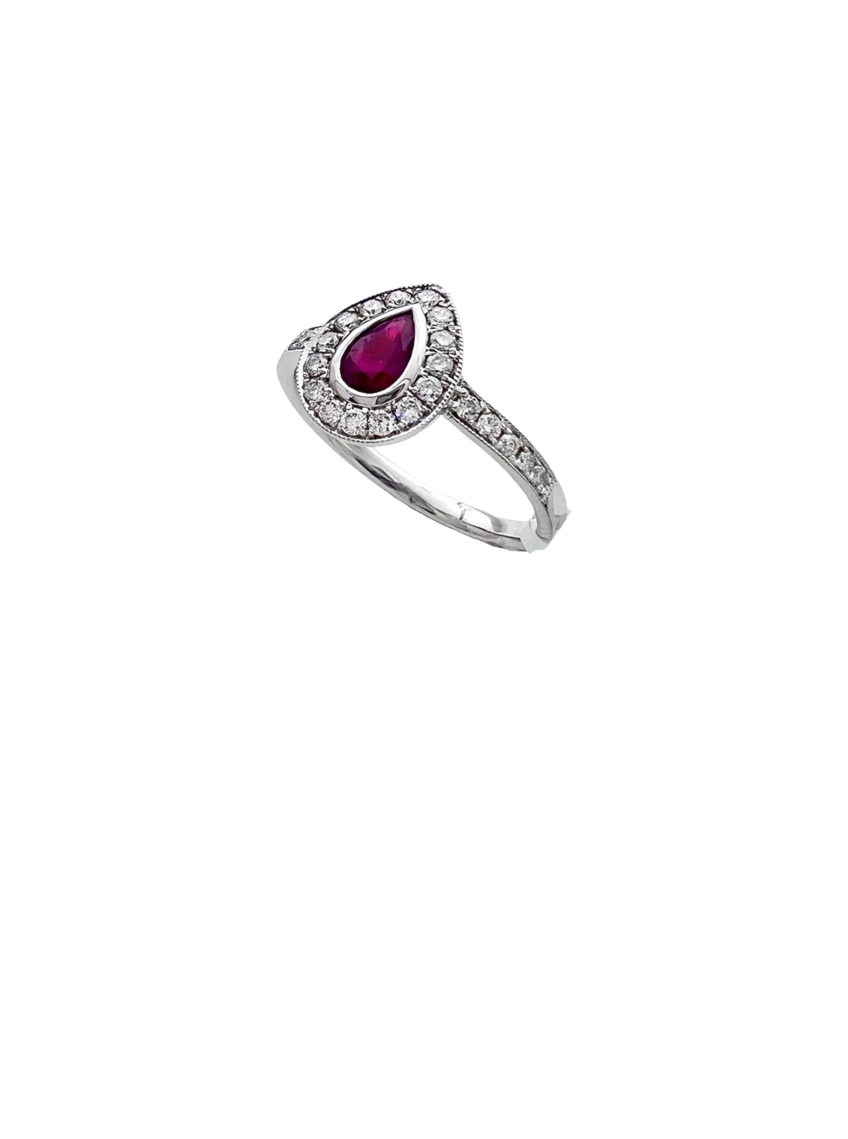 0.26 Carats Diamond VS2 & 0.39 Carats Red Ruby Pear Shape Set In 14 Karat White Gold Ring