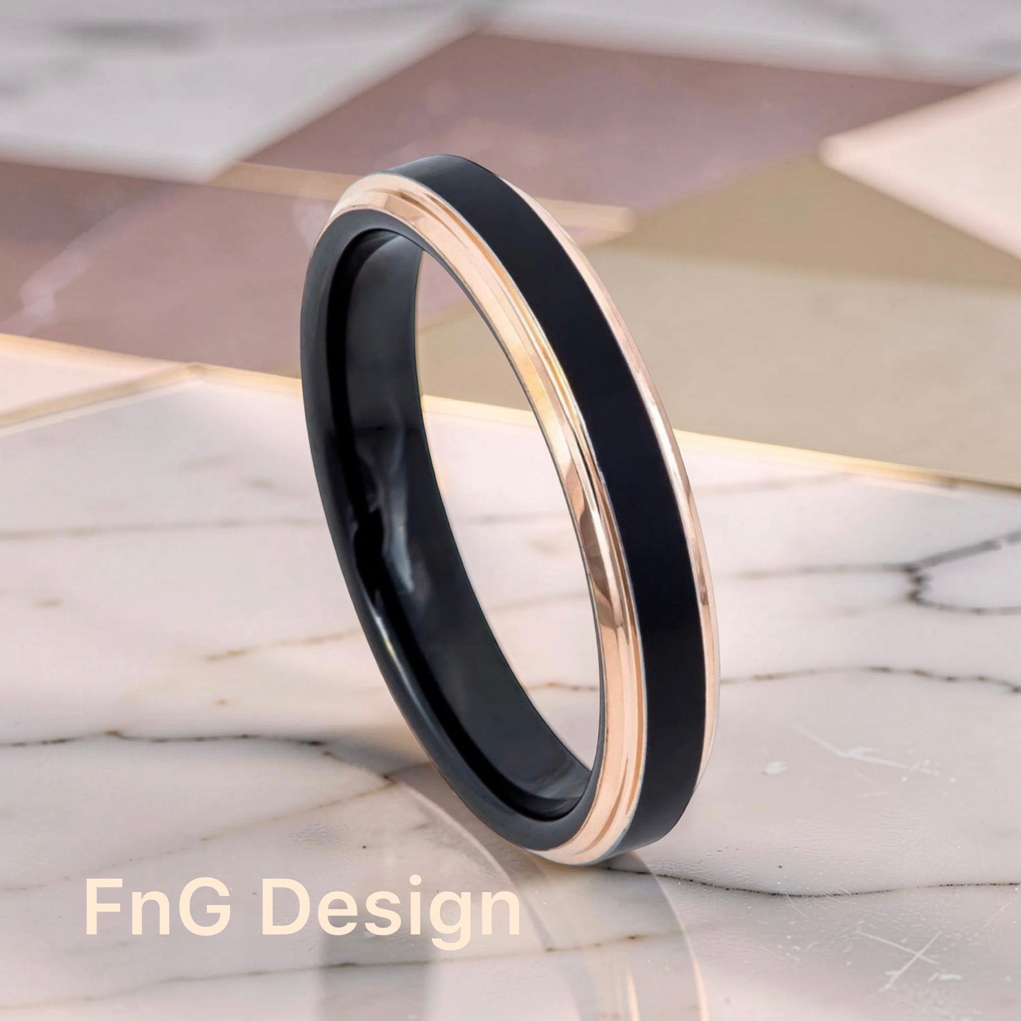 Tungsten Ring Two-Tone Black IP Rose Gold IP Brushed Center Stepped Edge – 4mm