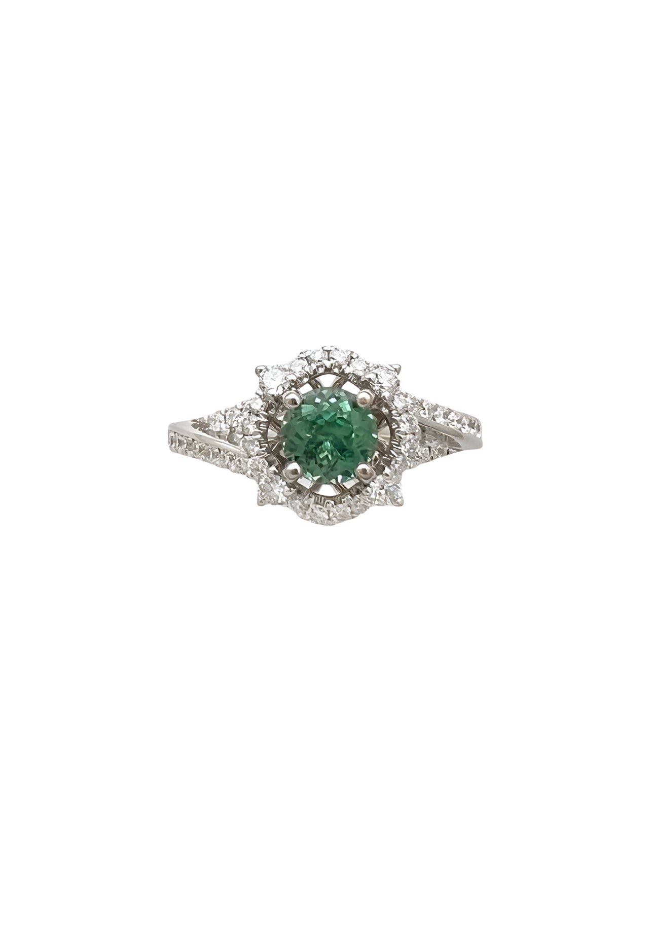 0.57 Carats Alexandrite Bluish-Green Color Change GIA (Certified) & 0.92 Carats Diamond VS2 Set In 14K White Gold Ring