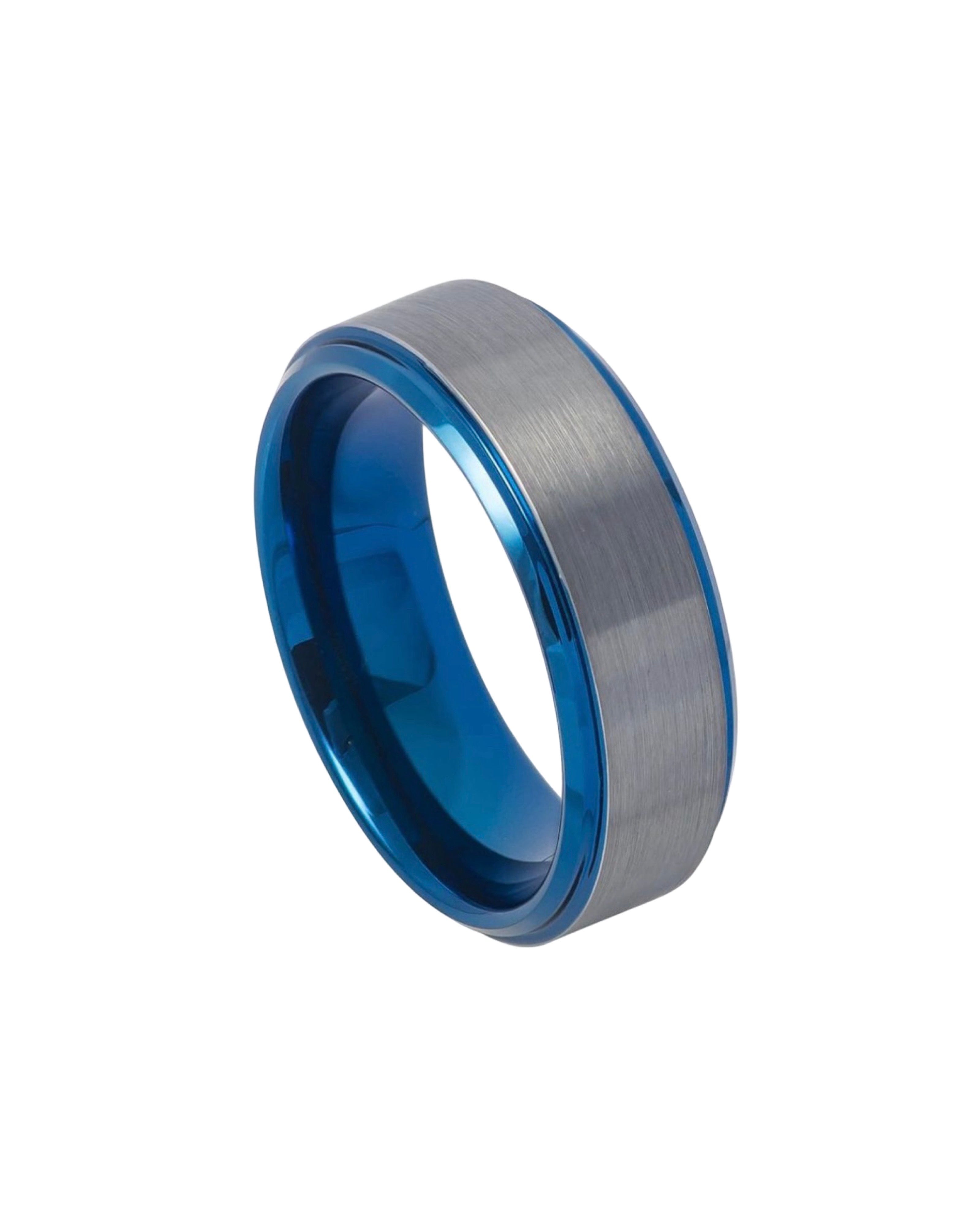Tungsten Ring Blue IP Plated Beveled Edge Gun Metal Brushed Finish – 8mm