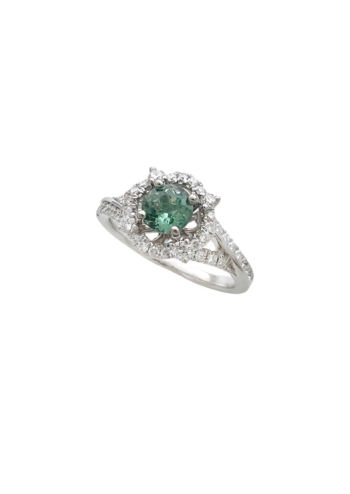 0.57 Carats Alexandrite Bluish-Green Color Change GIA (Certified) & 0.92 Carats Diamond VS2 Set In 14K White Gold Ring