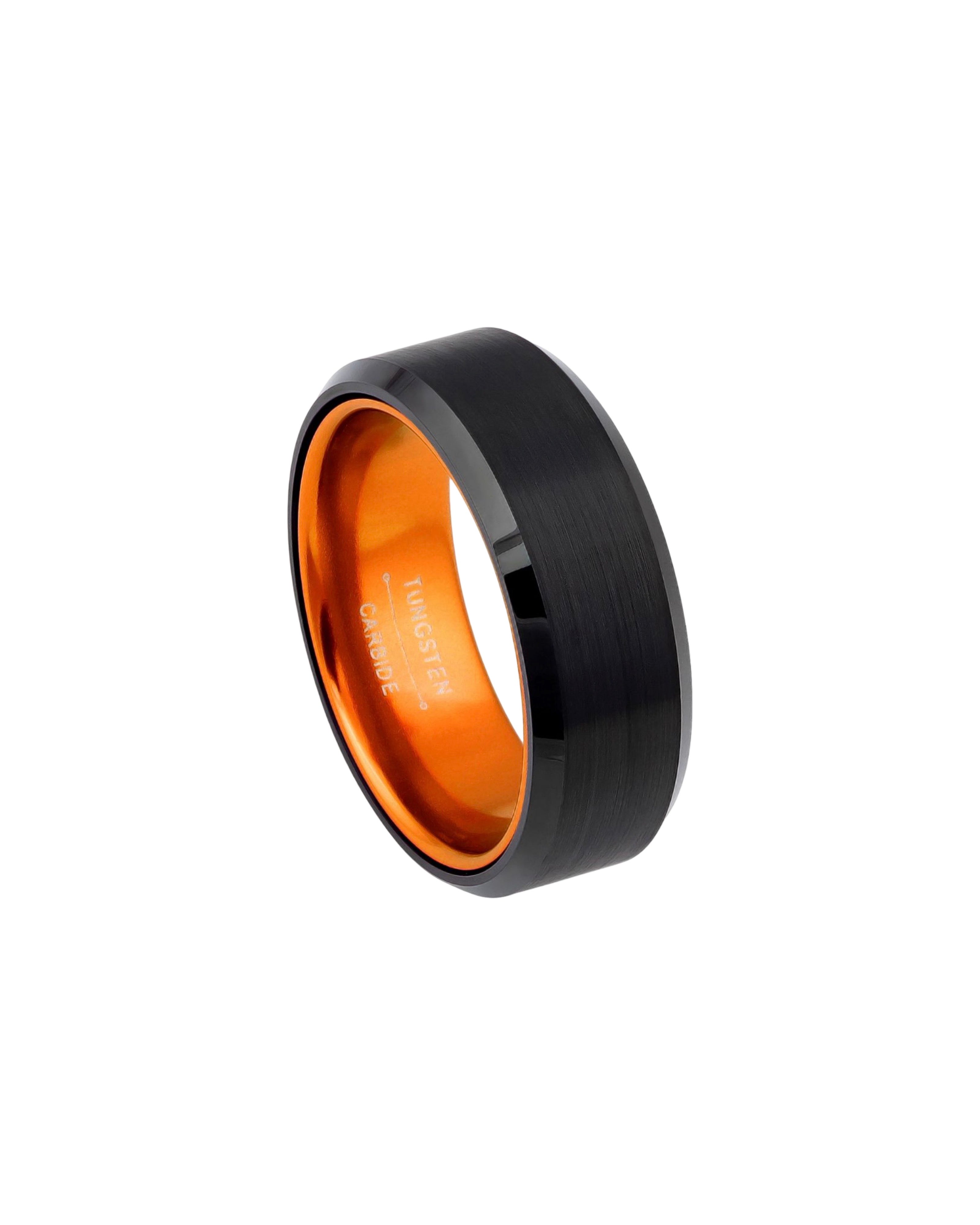 Tungsten Ring Black IP Brushed Center, Shiny Beveled Edge with Orange Anodized Aluminum Sleeve/Insert 8mm