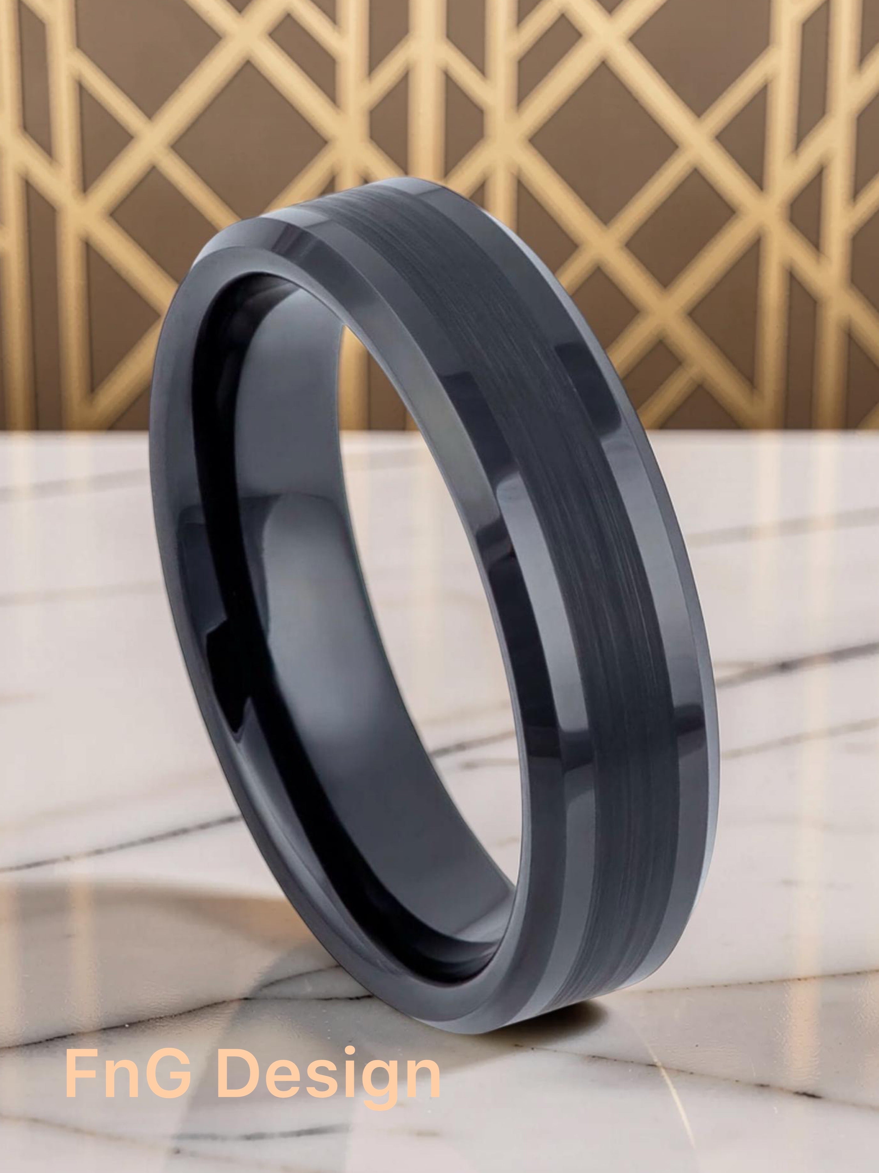 Tungsten Ring Black IP Plated Brushed Center Shiny Lines on each side Beveled Edge – 6mm