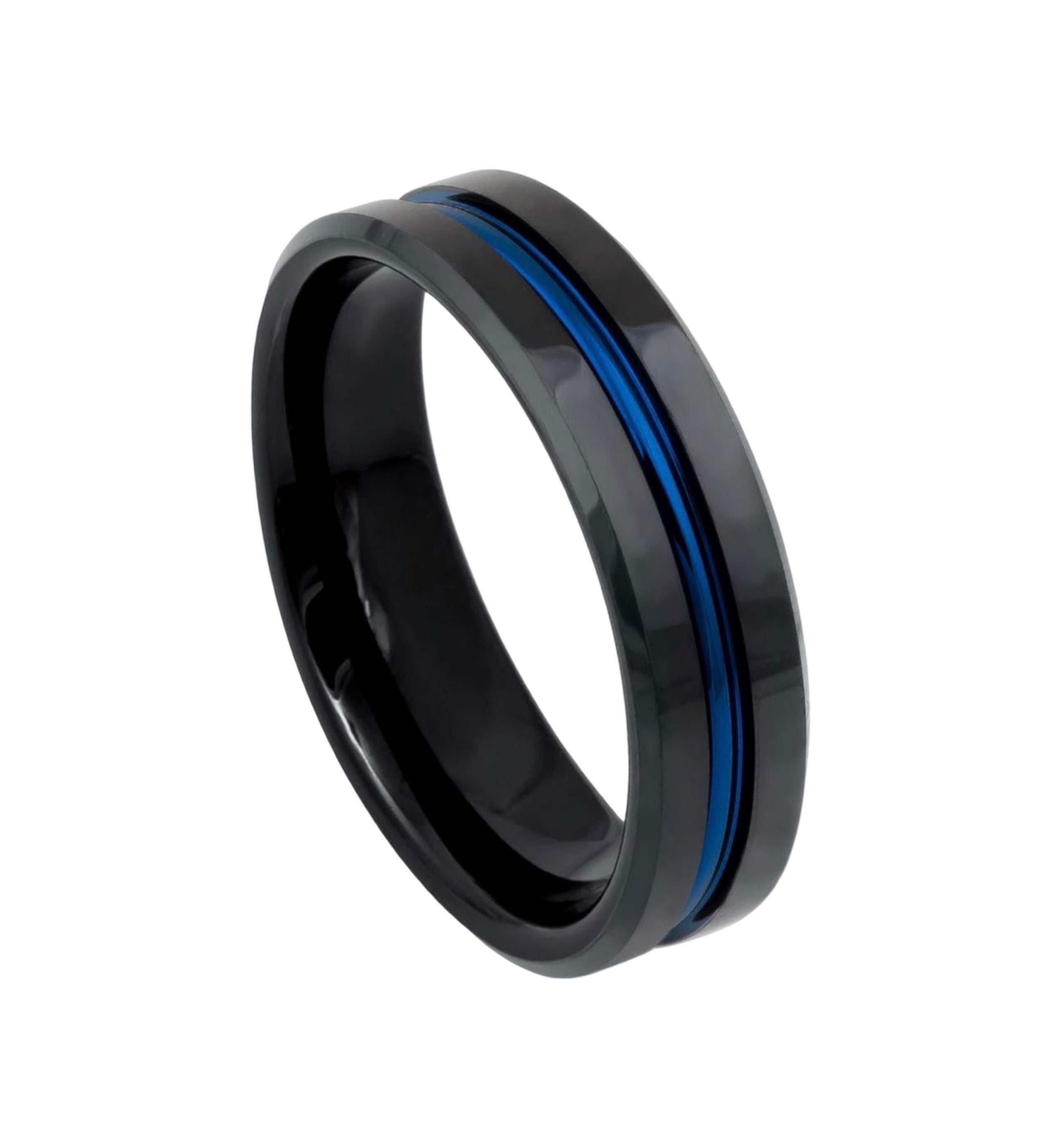 Tungsten Ring High Polished Beveled Edge Black IP Plated Ring with Blue IP Plated Grooved Center – 6mm